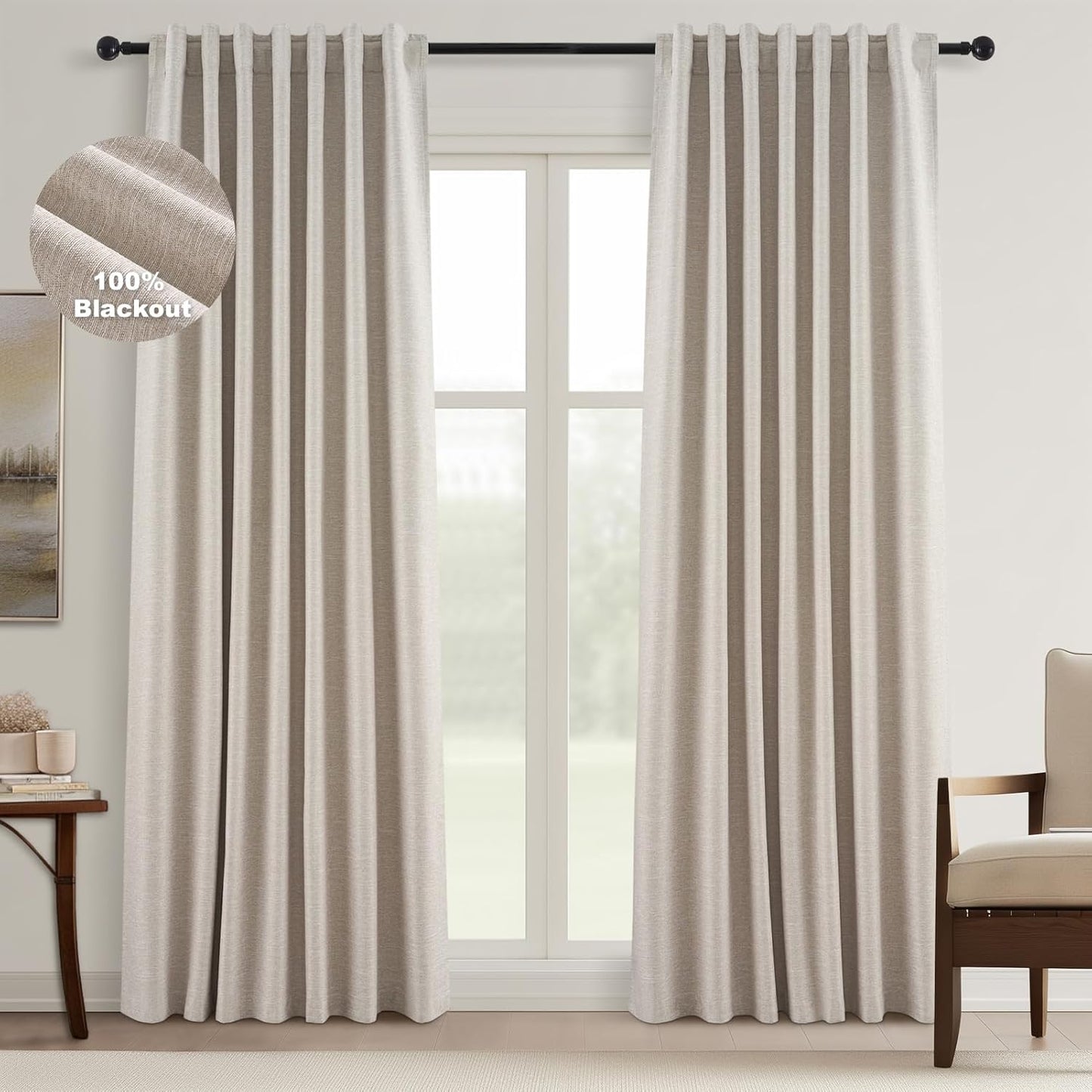 Topfinel Linen Blackout Curtains 96 Inch Long, Boho Farmhouse Ivory Birch Viral Drapes Pinch Pleated Curtains with Hooks for Living Room, Neutral 8 FT Back Tab Bedroom Curtains 52" X 96" 2 Panels