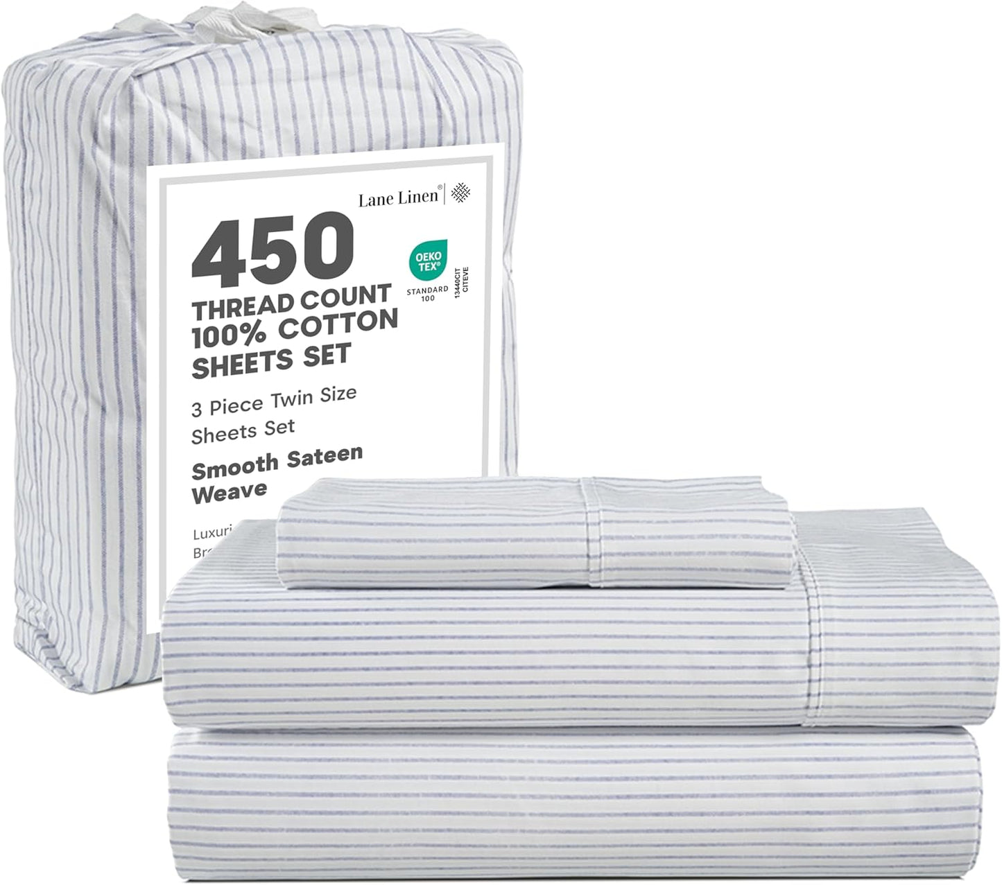 LANE LINEN 100% Cotton Sheets – 450 Thread Count Naturally Cooling Twin Sheets Set, Soft & Comfy Sateen Weave, Deep Pocket Fits 15” Mattress, Fade-Resistant Hotel Bedding, White