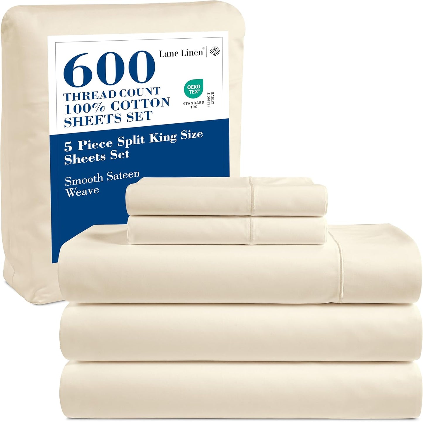 LANE LINEN 100% Cotton White Queen Size Sheet Set – Luxurious Hotel-Quality Sateen Weave, Fully Elasticized Mercerized Cotton, Deep Pocket 4-Piece Set, Naturally Cooling & Comfortable