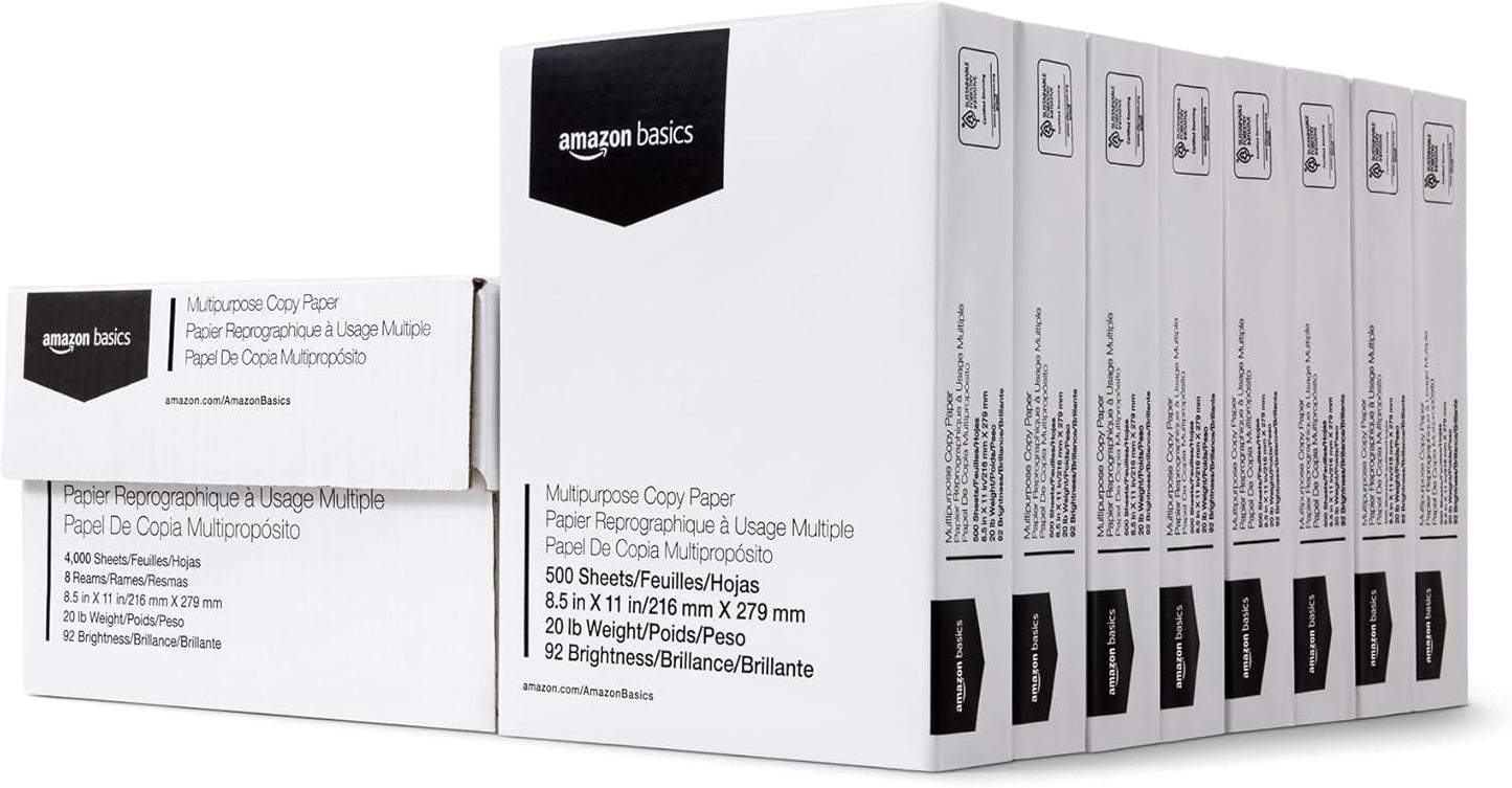 Amazon Basics Multipurpose Copy Printer Paper, 20 lb, 8.5 x 11 Inches, 10 Reams (5,000 Sheets), 92 Bright, White