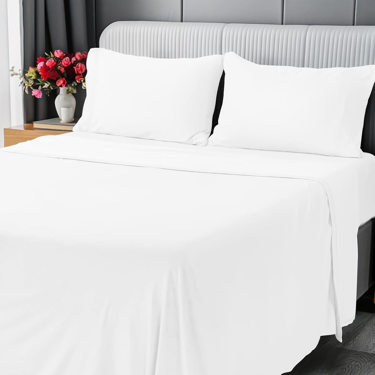 Utopia Bedding Queen Sheet Set - Jersey Knit Sheets 4 Piece – Cotton – Soft T-Shirt Stretchy Sheets (Heather Light Grey)