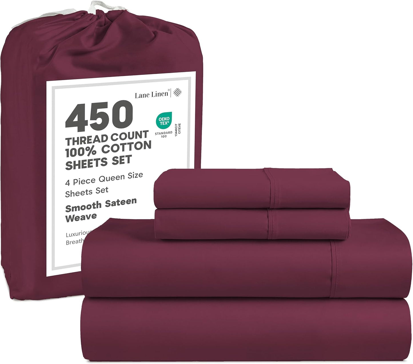 LANE LINEN 100% Cotton Sheets – 450 Thread Count Naturally Cooling Twin Sheets Set, Soft & Comfy Sateen Weave, Deep Pocket Fits 15” Mattress, Fade-Resistant Hotel Bedding, White