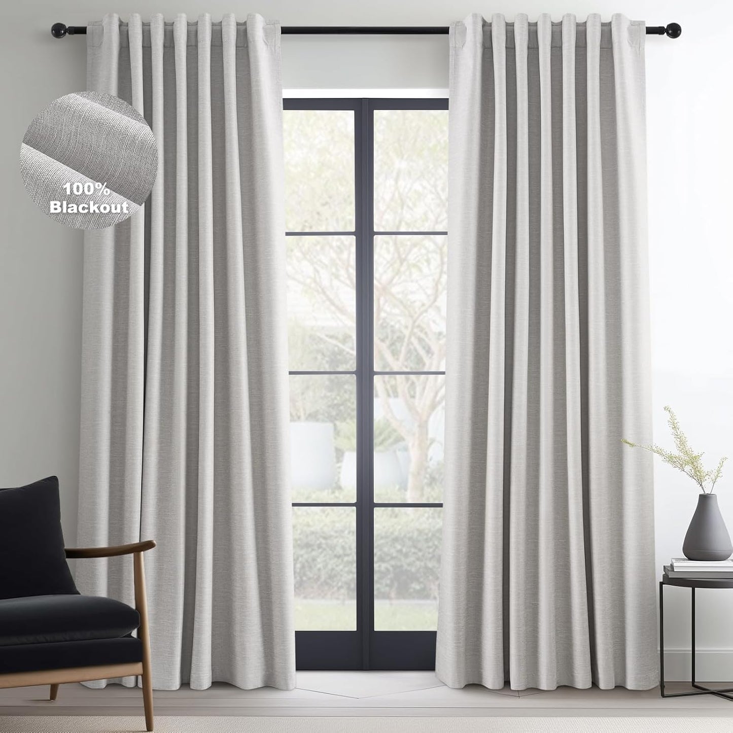 Topfinel Linen Blackout Curtains 96 Inch Long, Boho Farmhouse Ivory Birch Viral Drapes Pinch Pleated Curtains with Hooks for Living Room, Neutral 8 FT Back Tab Bedroom Curtains 52" X 96" 2 Panels