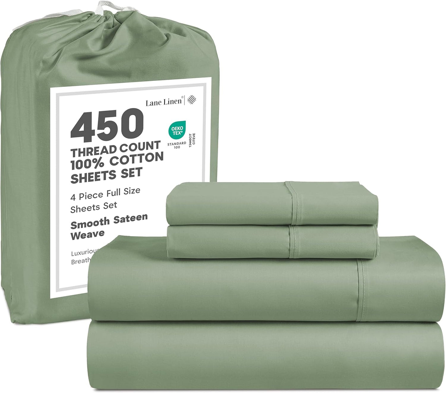 LANE LINEN 100% Cotton Sheets – 450 Thread Count Naturally Cooling Twin Sheets Set, Soft & Comfy Sateen Weave, Deep Pocket Fits 15” Mattress, Fade-Resistant Hotel Bedding, White