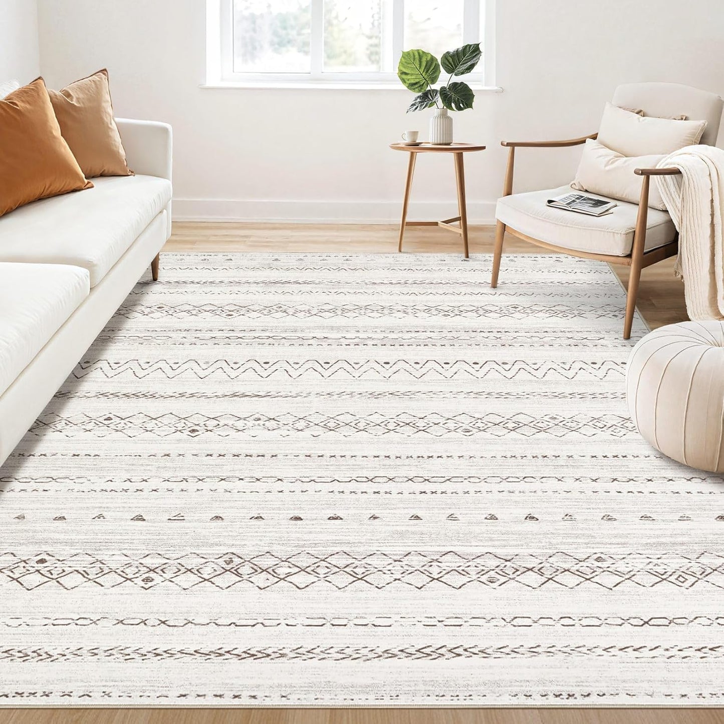 Large Living Room Area Rug 5x7: Soft Machine Washable Boho Moroccan Farmhouse Rugs for Bedroom Under Dining Table - Non-Slip Neutral Morden Indoor Floor Carpet for Home Office - Brown/Cream