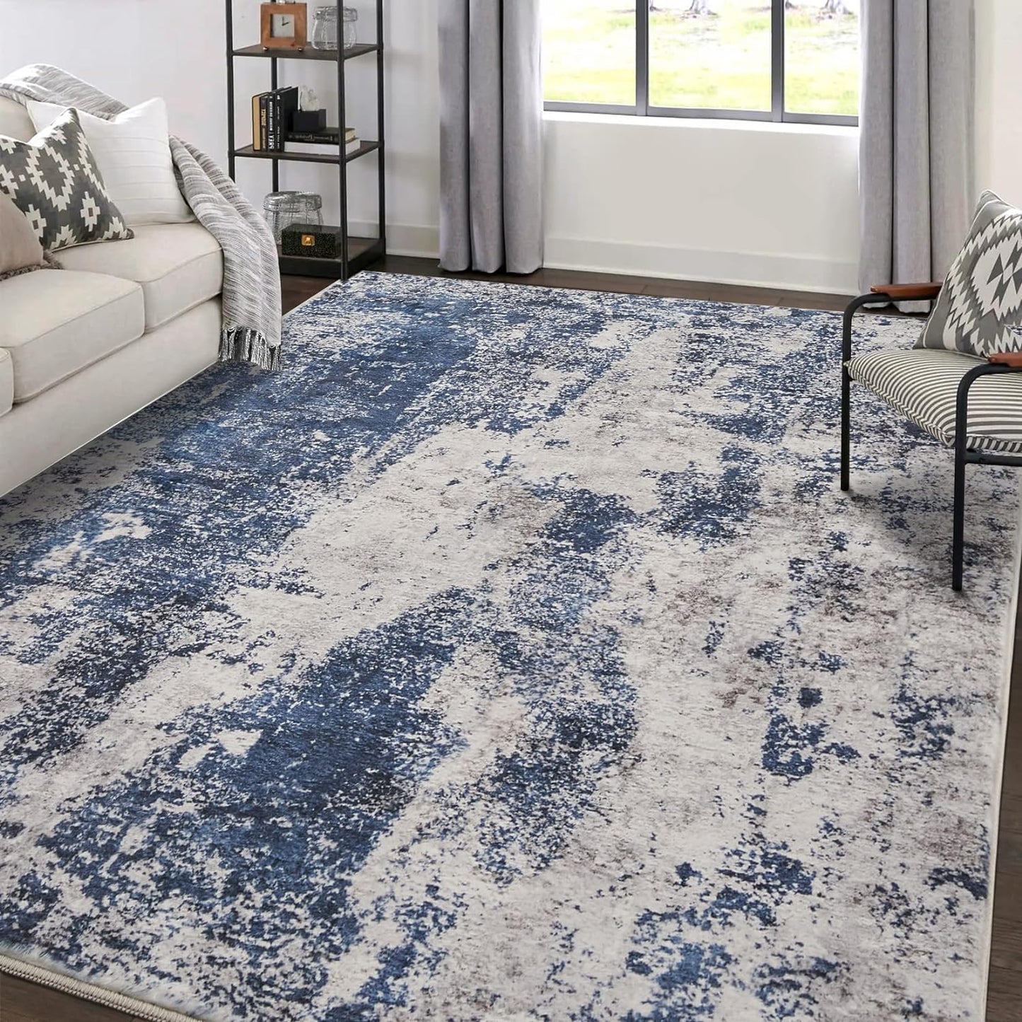 Area Rug Living Room Rugs: 5x7 Large Soft Indoor Carpet Modern Abstract Rug with Non Slip Rubber Backing for Under Dining Table Nursery Home Office Bedroom White Gray Blue