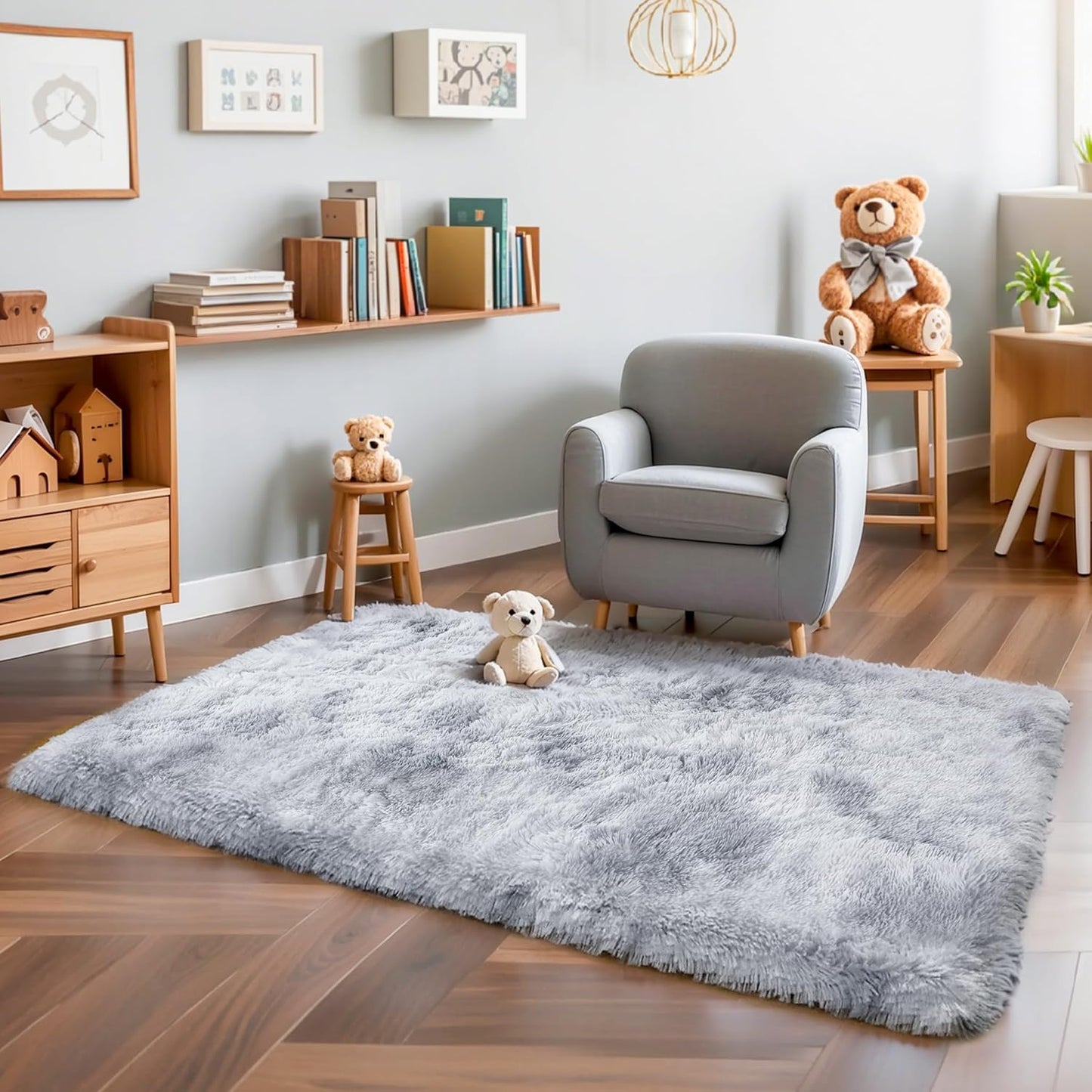 4x6 Light Grey Fluffy Shag Area Rug for Bedroom, Ultra Soft Fuzzy Plush Washable Carpet for Living Room, Modern Cozy Non Skid Furry Shaggy Rug for Kids Baby Boys Nursery Dorm,Tie-Dye Gray