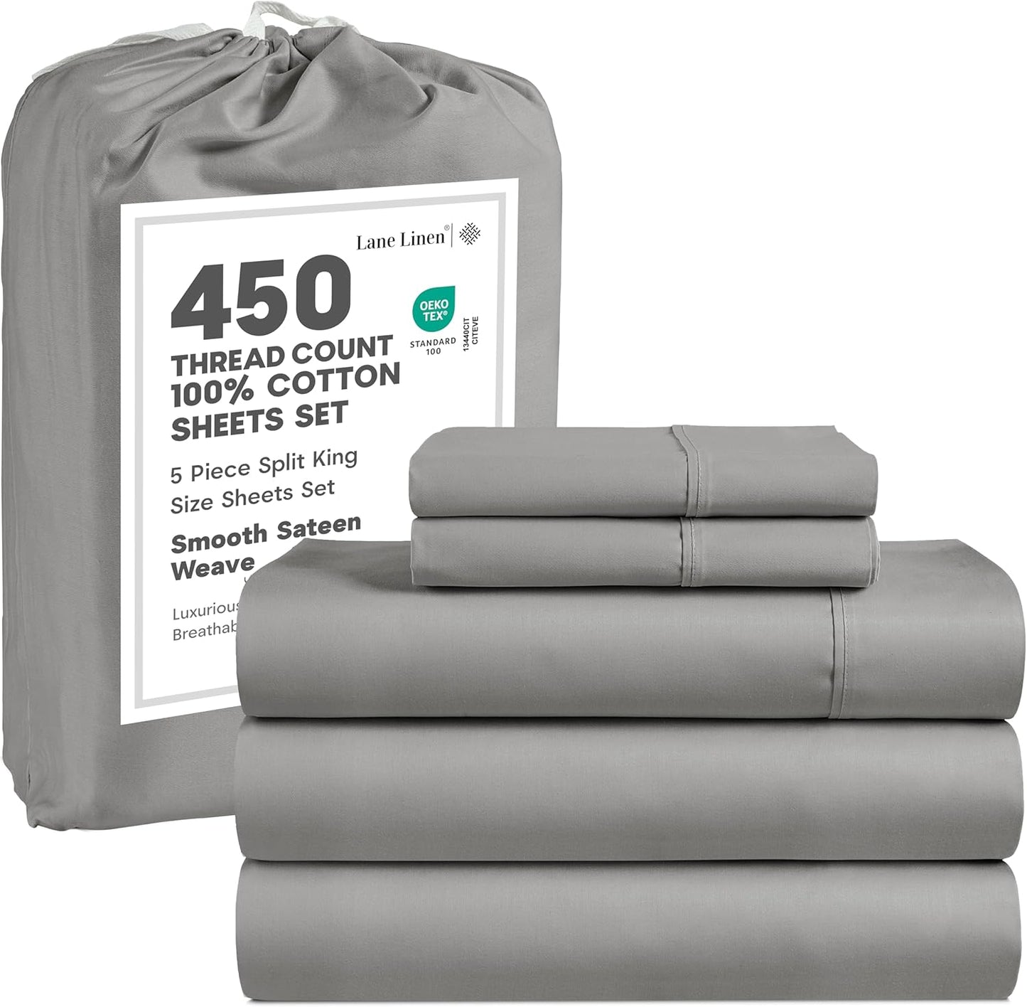 LANE LINEN 100% Cotton Sheets – 450 Thread Count Naturally Cooling Twin Sheets Set, Soft & Comfy Sateen Weave, Deep Pocket Fits 15” Mattress, Fade-Resistant Hotel Bedding, White
