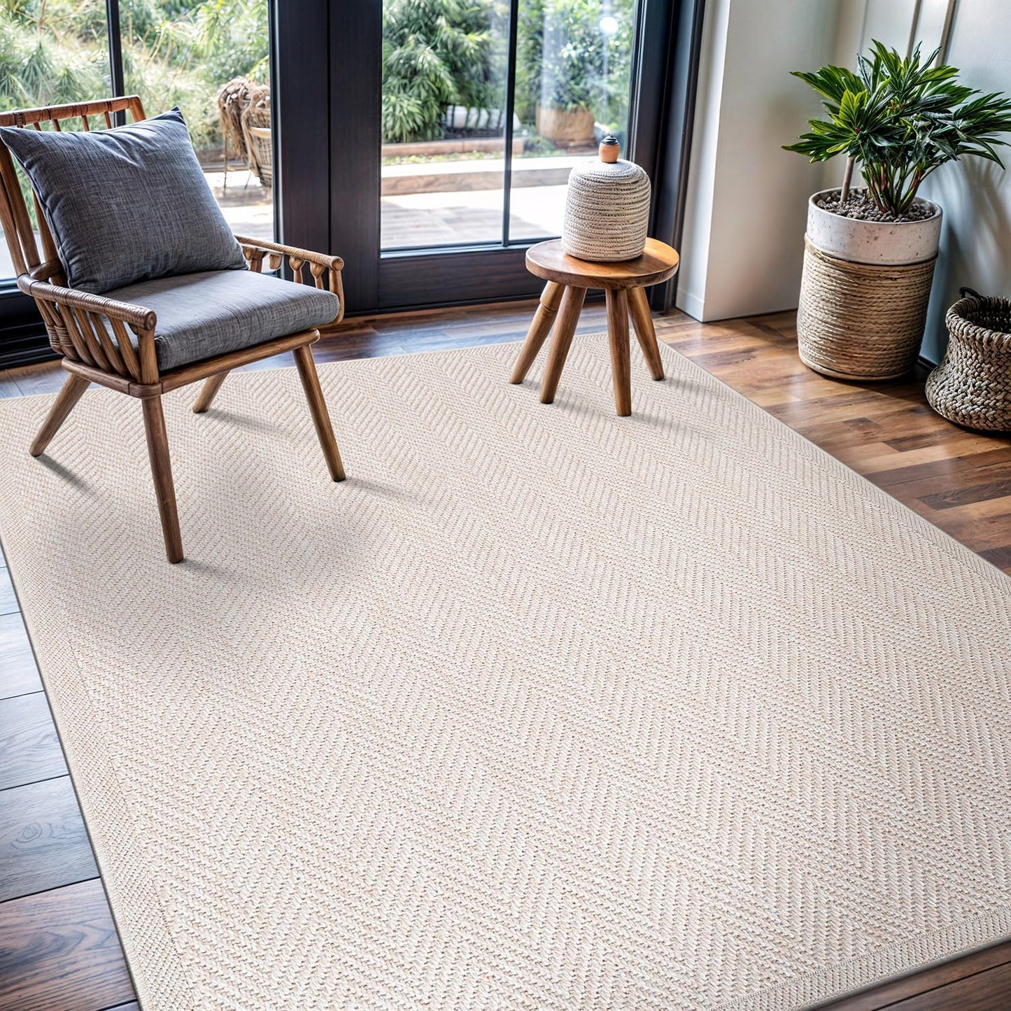 CAMILSON Easy Jute Rug 8x10, Indoor Outdoor Natural Color Fiber Area Rugs for Living Room and Patio Rug Herringbone Seagrass Boho Woven Design Easy-Cleaning Washable Outside Carpet Alfombras 8 x 10