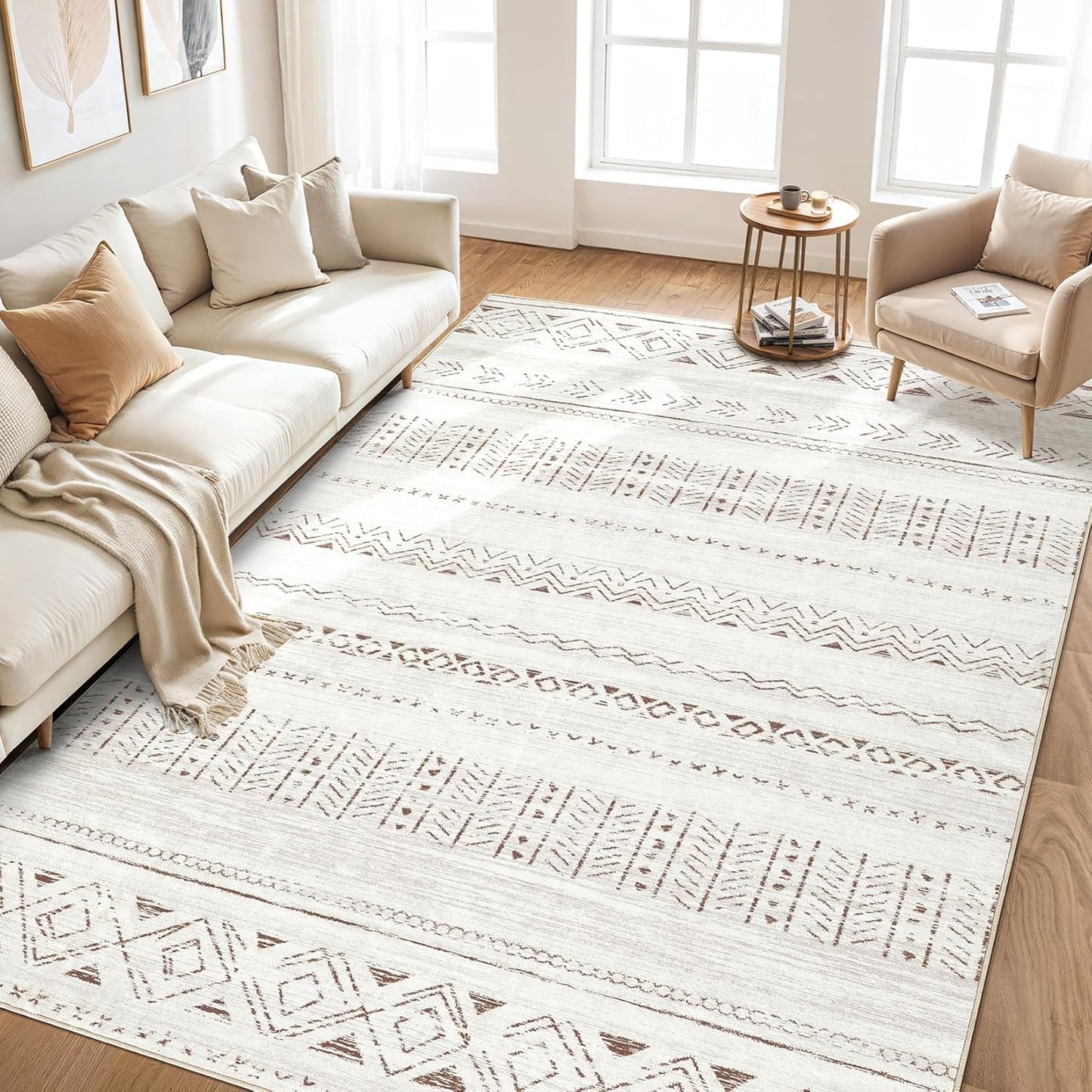 Large Living Room Area Rug 5x7: Soft Machine Washable Boho Moroccan Farmhouse Rugs for Bedroom Under Dining Table - Non-Slip Neutral Morden Indoor Floor Carpet for Home Office - Brown/Cream