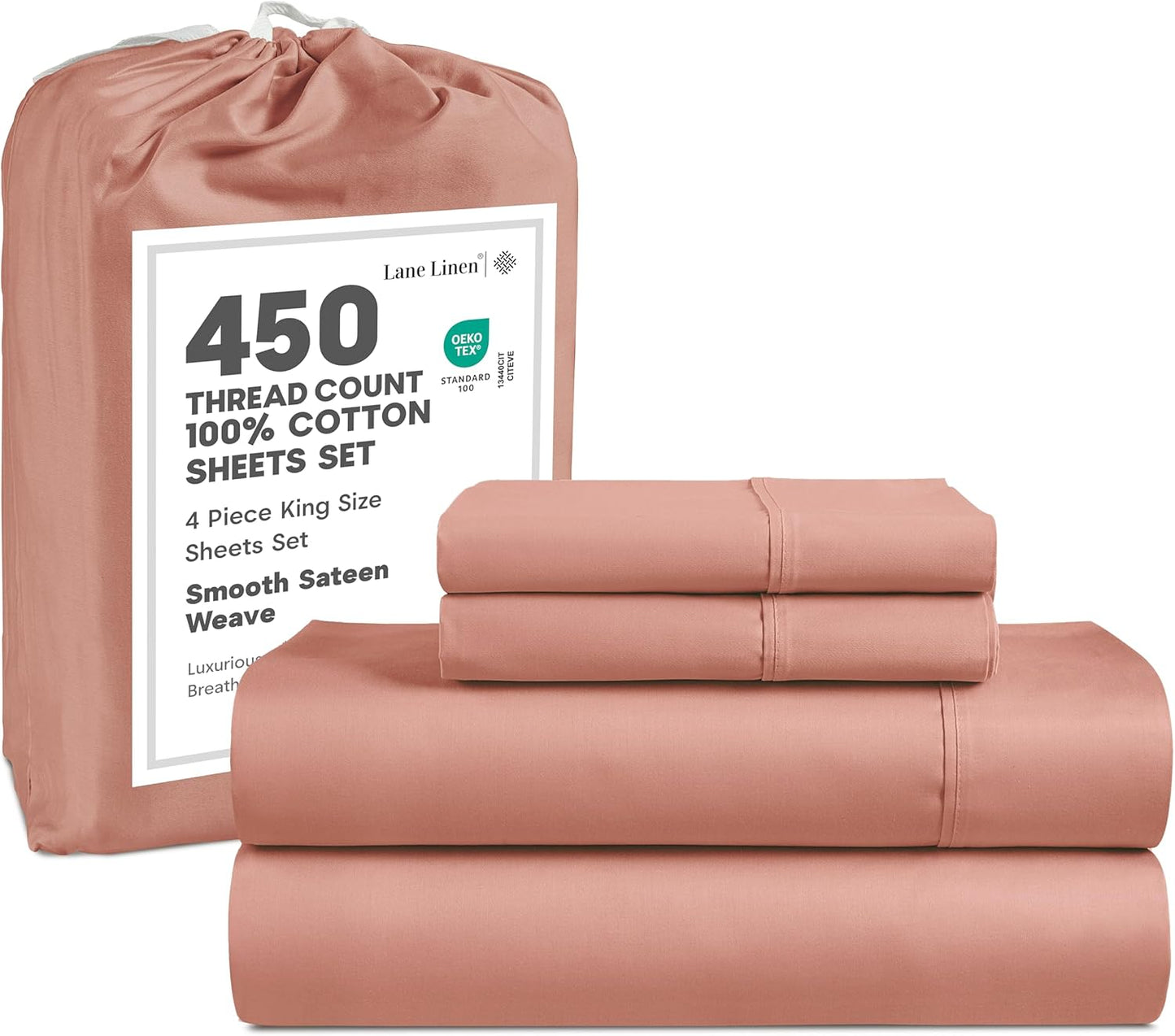 LANE LINEN 100% Cotton Sheets – 450 Thread Count Naturally Cooling Twin Sheets Set, Soft & Comfy Sateen Weave, Deep Pocket Fits 15” Mattress, Fade-Resistant Hotel Bedding, White