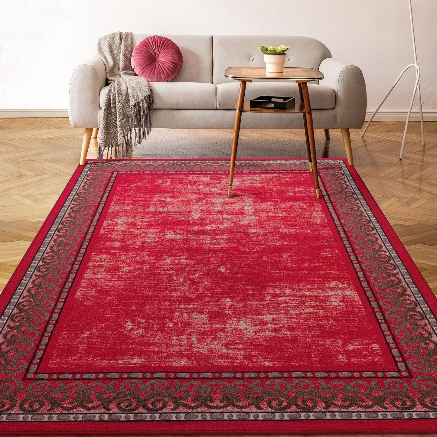 Antep Rugs Alfombras Bordered Modern 5x7 Non-Slip (Non-Skid) Low Pile Rubber Backing Indoor Area Rug (Maroon Red, 5' x 7')