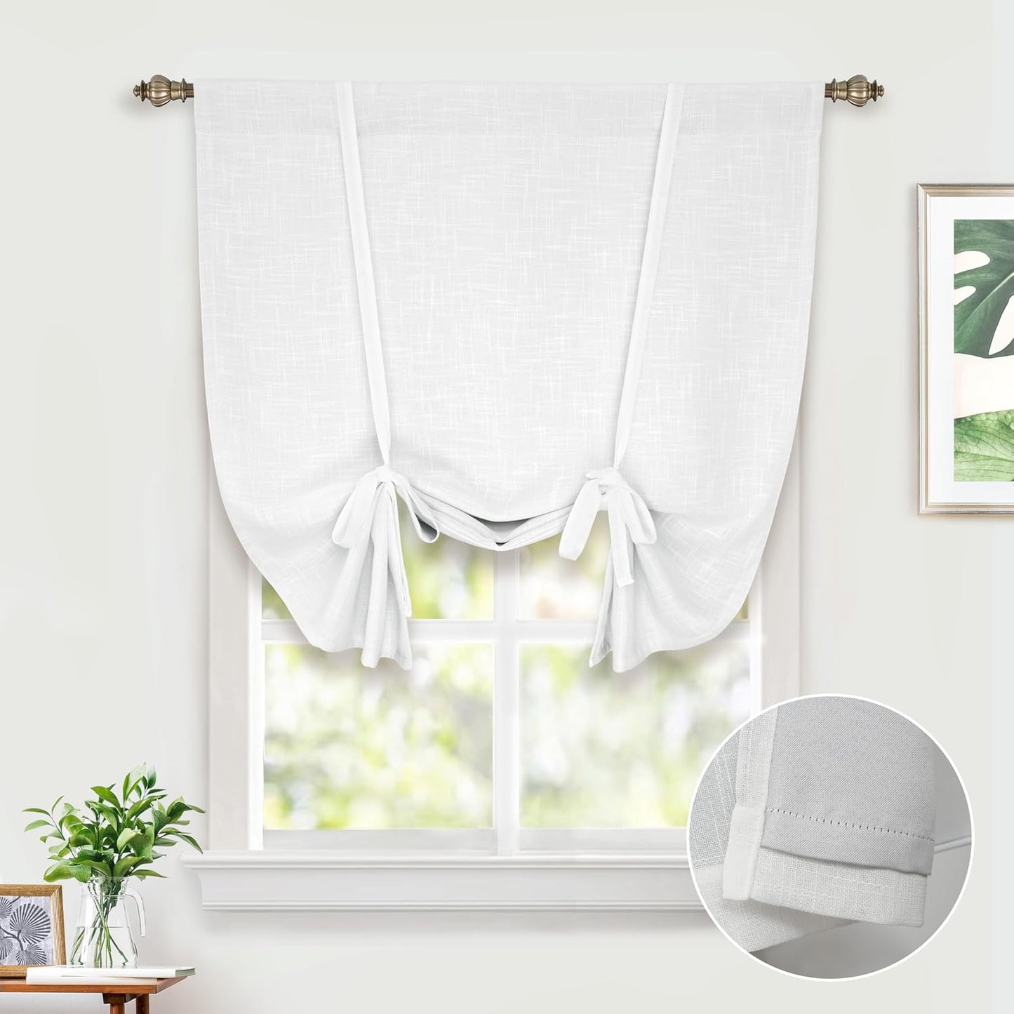 DriftAway Double Layer Linen Blackout Tie Up Curtains Thermal Insulated Fully Lined Balloon Roman Shade Bathroom Window Adjustable Rod Pocket for Small Window 31 Inch by 47 Inch Light Linen