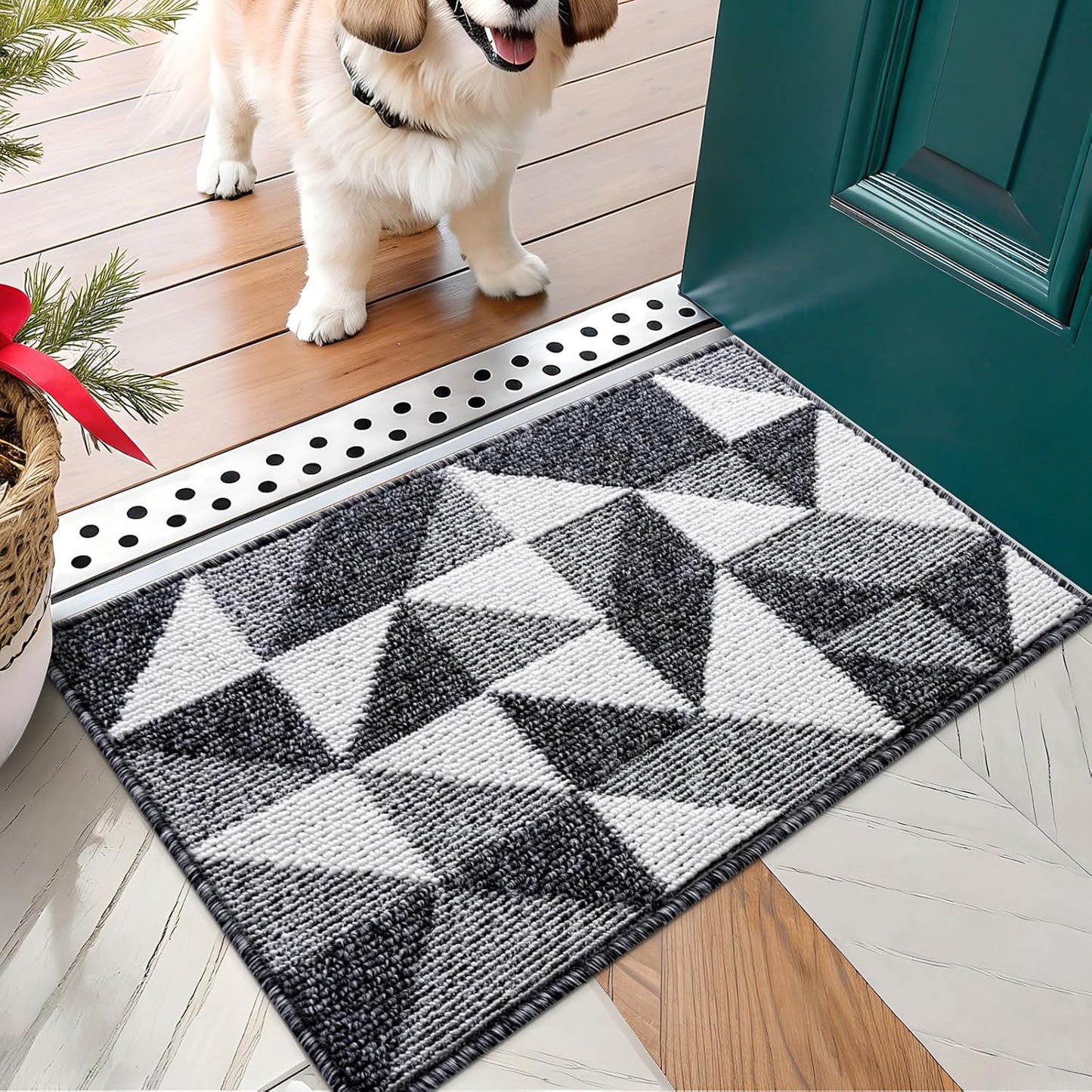 OLANLY Door Mat Indoor Entrance Washable 32x20, Odor-Free Low-Profile Front Back Geometric Doormat, Absorbent Resist Dirt Entry Carpet, Easy to Clean Sturdy Inside Floor Mats for Entryway, Black