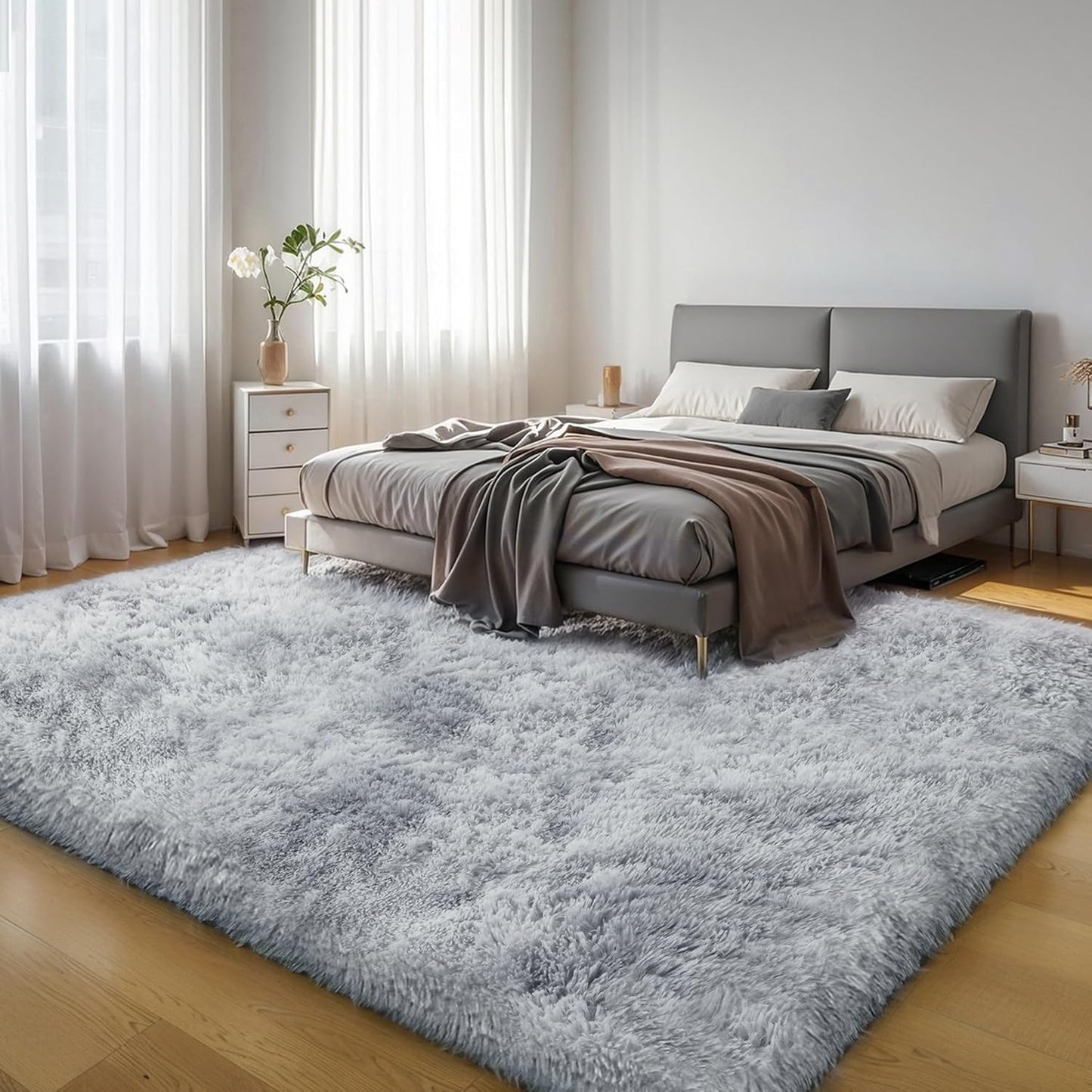 4x6 Light Grey Fluffy Shag Area Rug for Bedroom, Ultra Soft Fuzzy Plush Washable Carpet for Living Room, Modern Cozy Non Skid Furry Shaggy Rug for Kids Baby Boys Nursery Dorm,Tie-Dye Gray