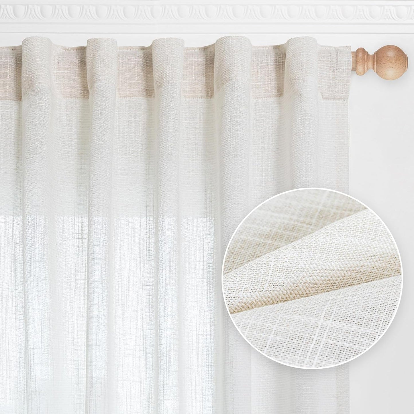 MYSKY HOME Linen Curtains for Living Room, Natural Semi Sheer Curtains & Drapes 84 inches Length 2 Panels Set Farmhouse Country Boho Style Back Tab Draperies for Sliding Glass Door, 50" Wide, Linen