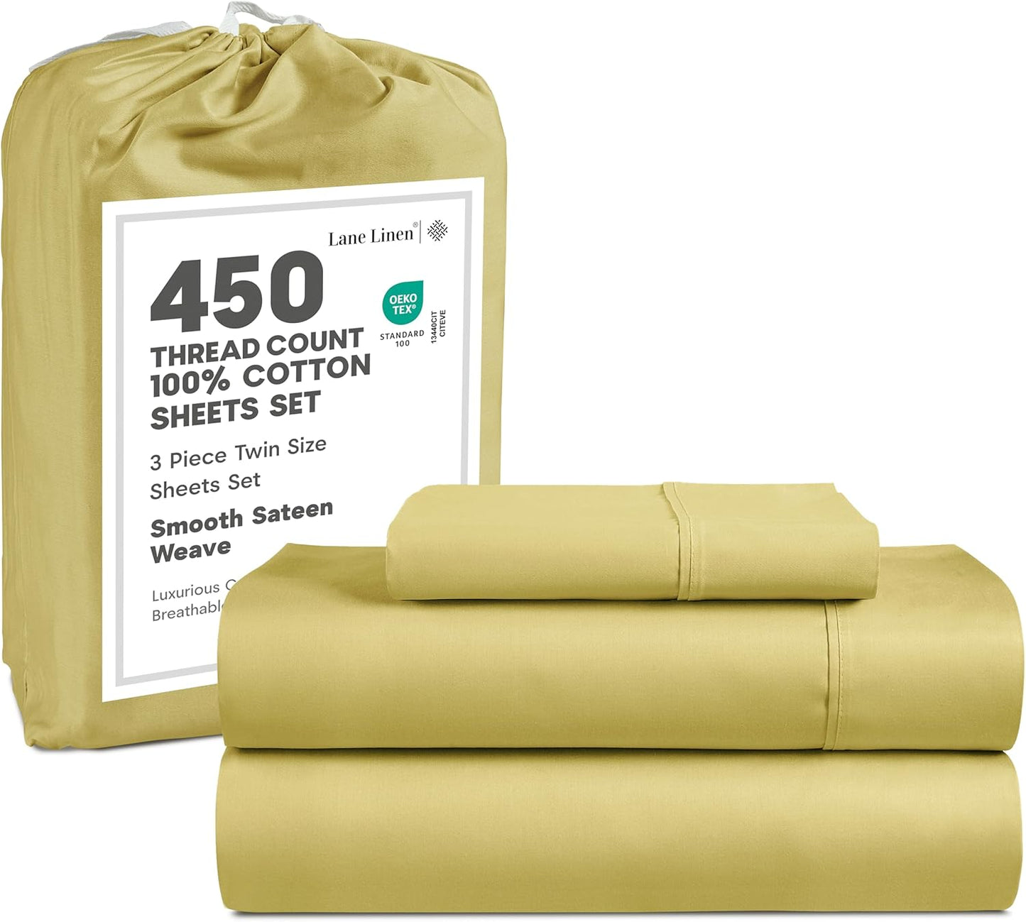 LANE LINEN 100% Cotton Sheets – 450 Thread Count Naturally Cooling Twin Sheets Set, Soft & Comfy Sateen Weave, Deep Pocket Fits 15” Mattress, Fade-Resistant Hotel Bedding, White