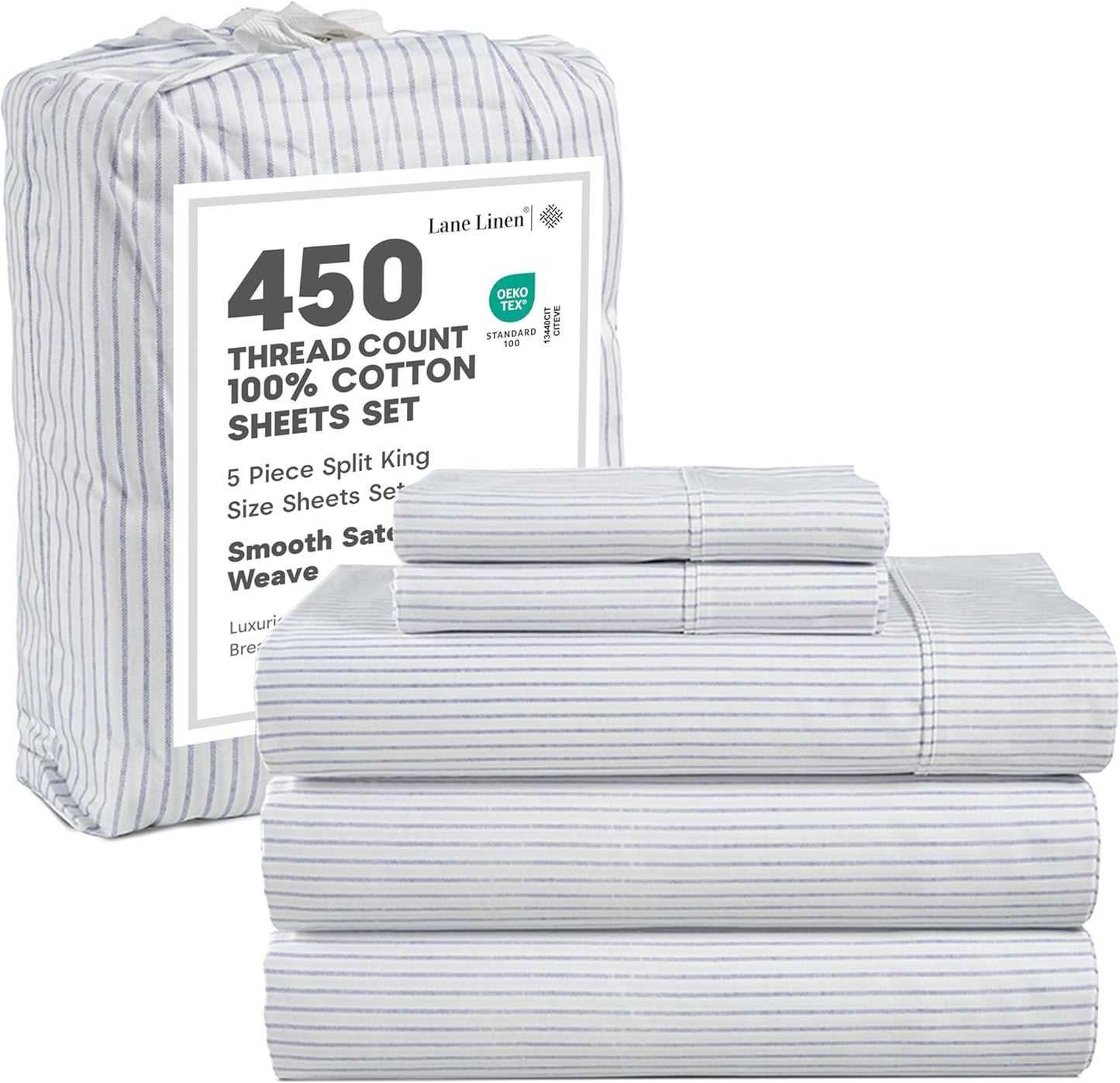 LANE LINEN 100% Cotton Sheets – 450 Thread Count Naturally Cooling Twin Sheets Set, Soft & Comfy Sateen Weave, Deep Pocket Fits 15” Mattress, Fade-Resistant Hotel Bedding, White