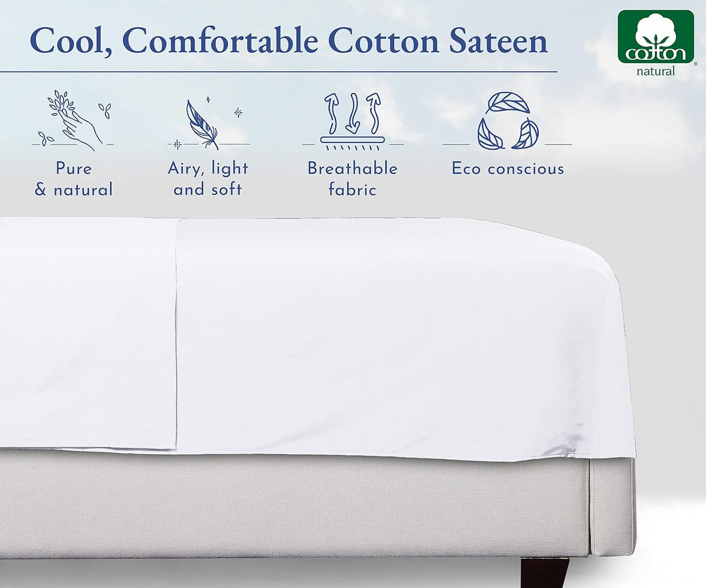 California Design Den Queen Size Flat Bed Sheet Only - Soft 400 Thread Count 100% Cotton Sheet Sateen, Breathable, Durable and Cooling Bed Sheets - Bright White
