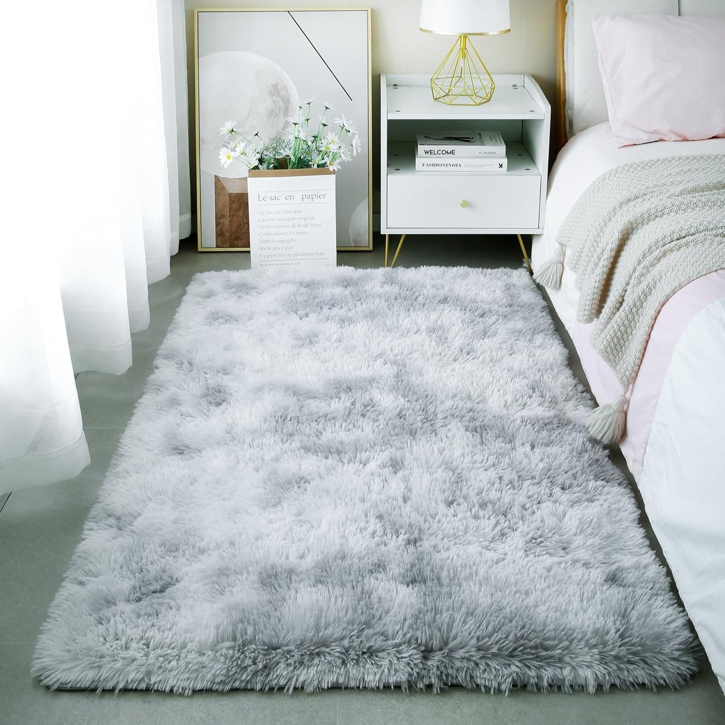 4x6 Light Grey Fluffy Shag Area Rug for Bedroom, Ultra Soft Fuzzy Plush Washable Carpet for Living Room, Modern Cozy Non Skid Furry Shaggy Rug for Kids Baby Boys Nursery Dorm,Tie-Dye Gray