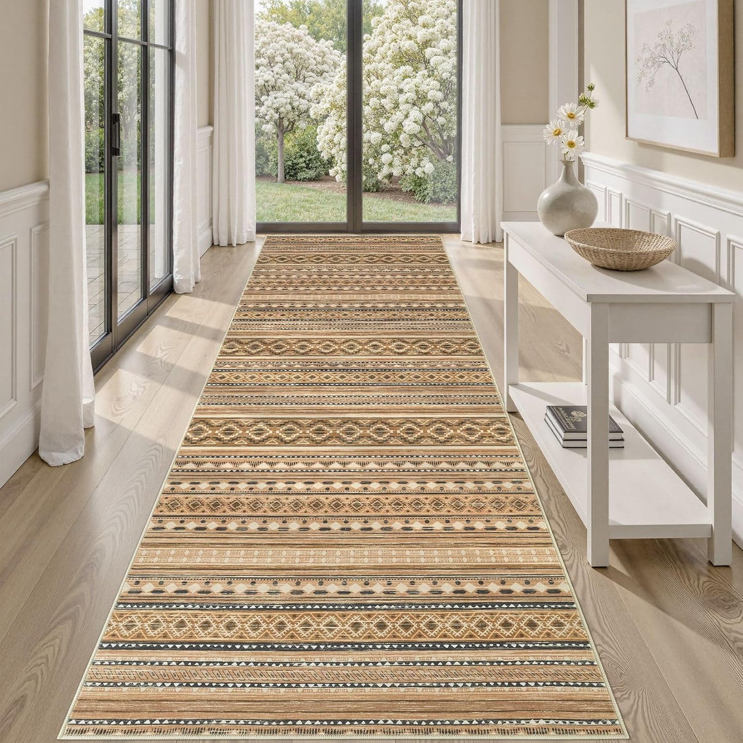 Large Living Room Area Rug 5x7: Soft Machine Washable Boho Moroccan Farmhouse Rugs for Bedroom Under Dining Table - Non-Slip Neutral Morden Indoor Floor Carpet for Home Office - Brown/Cream