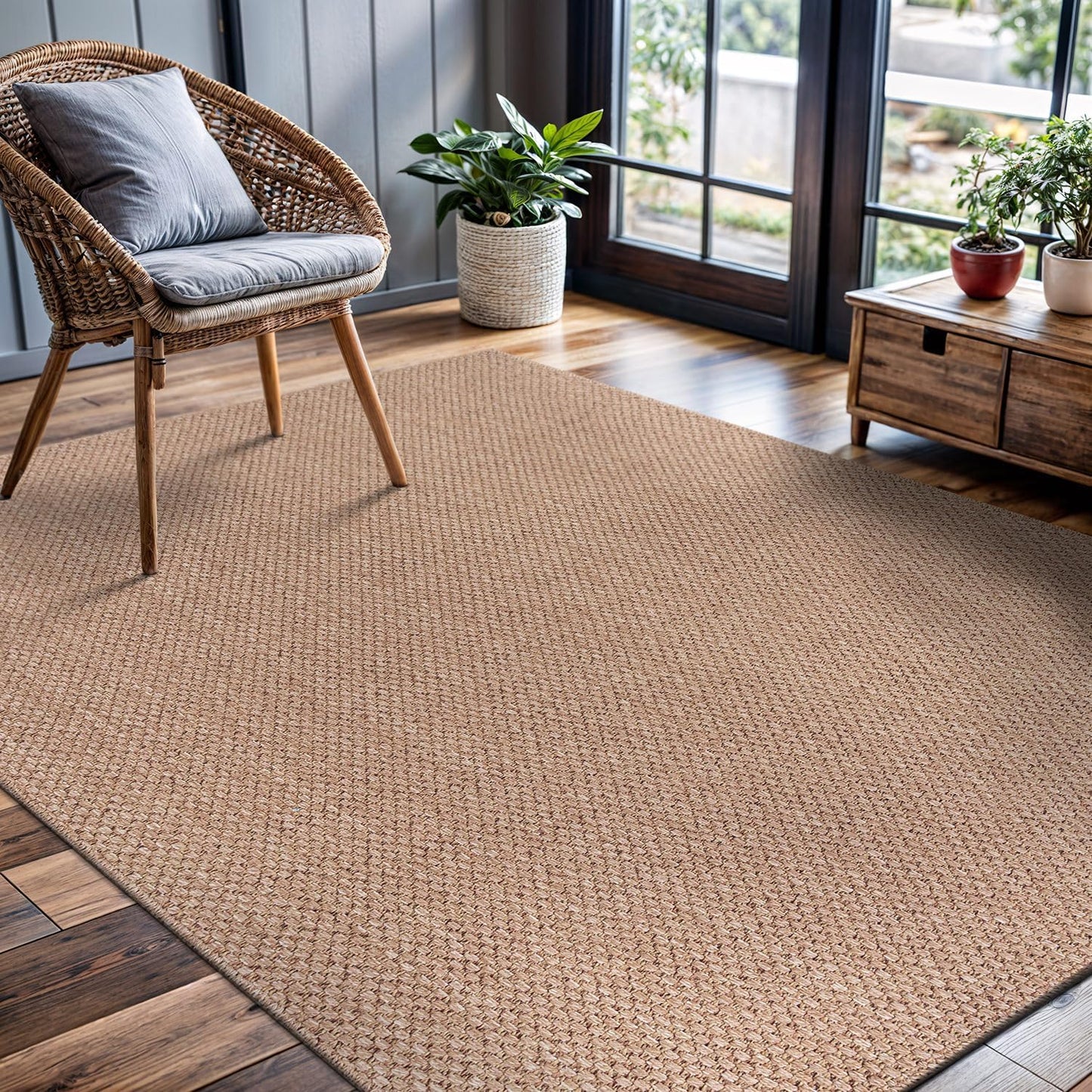 CAMILSON Easy Jute Rug 8x10, Indoor Outdoor Natural Color Fiber Area Rugs for Living Room and Patio Rug Herringbone Seagrass Boho Woven Design Easy-Cleaning Washable Outside Carpet Alfombras 8 x 10