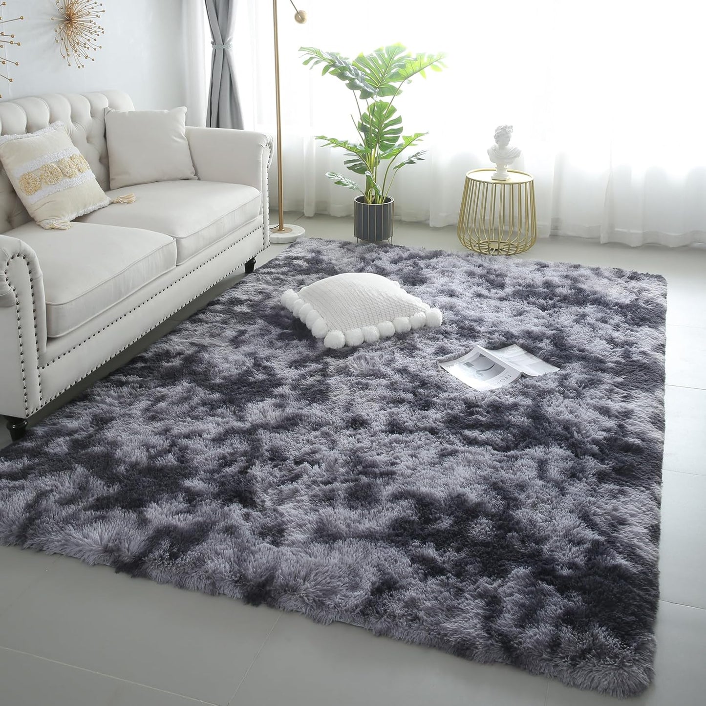 4x6 Light Grey Fluffy Shag Area Rug for Bedroom, Ultra Soft Fuzzy Plush Washable Carpet for Living Room, Modern Cozy Non Skid Furry Shaggy Rug for Kids Baby Boys Nursery Dorm,Tie-Dye Gray