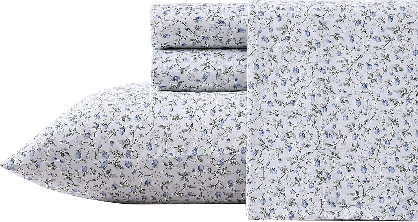 Laura Ashley - Queen Bed Sheets, Smooth & Silky Sateen Cotton Bedding with Matching Pillowcases, Deep Pocket, Oeko-Tex Certified (Ramona Blue)