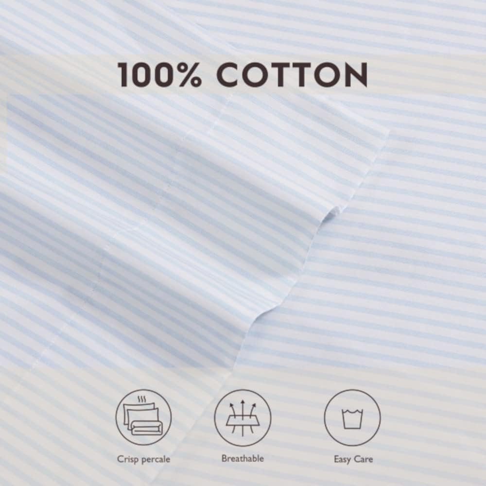 Laura Ashley - Queen Bed Sheets, Smooth & Silky Sateen Cotton Bedding with Matching Pillowcases, Deep Pocket, Oeko-Tex Certified (Ramona Blue)