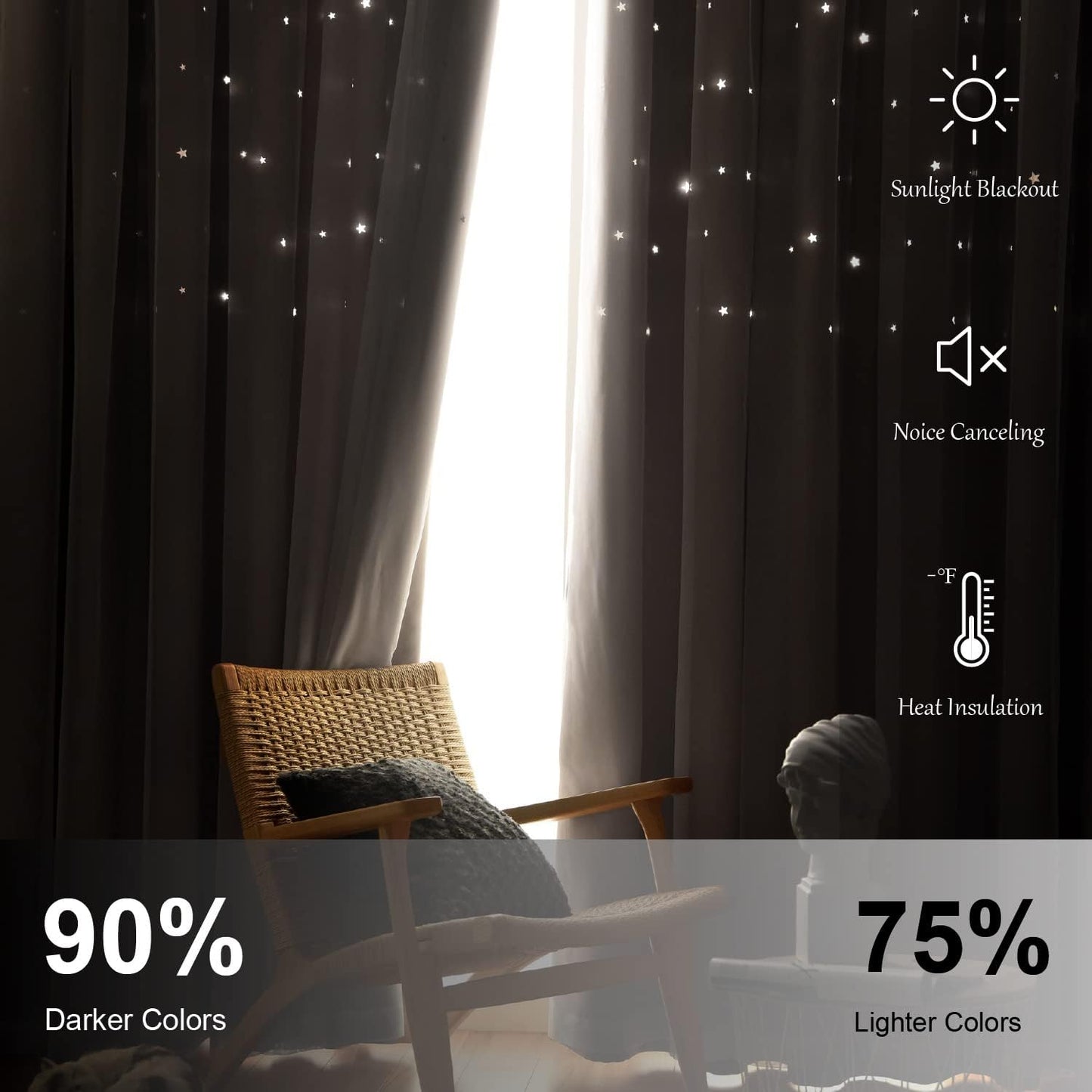 Star Blackout Bedroom Curtains, Beige, 52"W x 63"L, 2 Panels