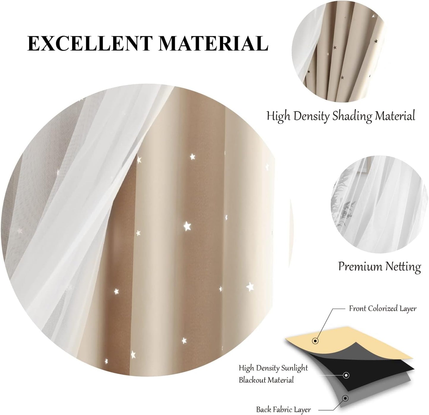 Star Blackout Bedroom Curtains, Beige, 52"W x 63"L, 2 Panels