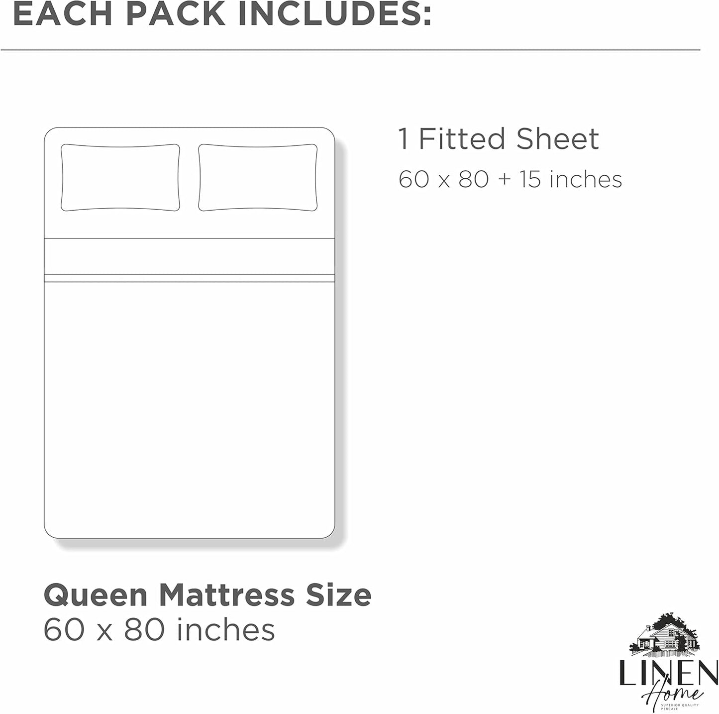 Linen Home 100% Cotton Percale Weave Fitted Sheet, Queen Size, White, 1 Deep Pocket Fitted Sheet, Fits Mattress Upto 16" Crisp and Cool Strong Bed Linen, 60"X80"+15"
