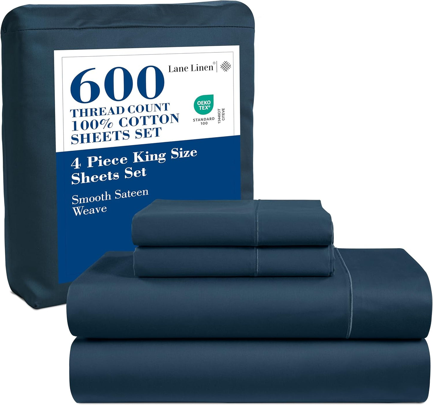 LANE LINEN 100% Cotton White Queen Size Sheet Set – Luxurious Hotel-Quality Sateen Weave, Fully Elasticized Mercerized Cotton, Deep Pocket 4-Piece Set, Naturally Cooling & Comfortable