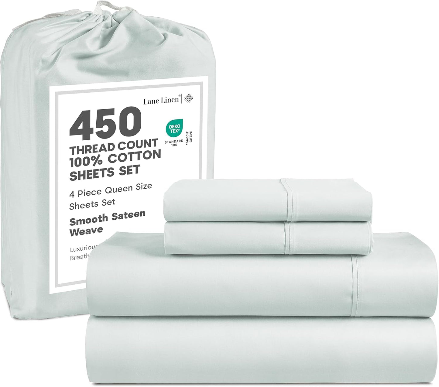 LANE LINEN 100% Cotton Sheets – 450 Thread Count Naturally Cooling Twin Sheets Set, Soft & Comfy Sateen Weave, Deep Pocket Fits 15” Mattress, Fade-Resistant Hotel Bedding, White