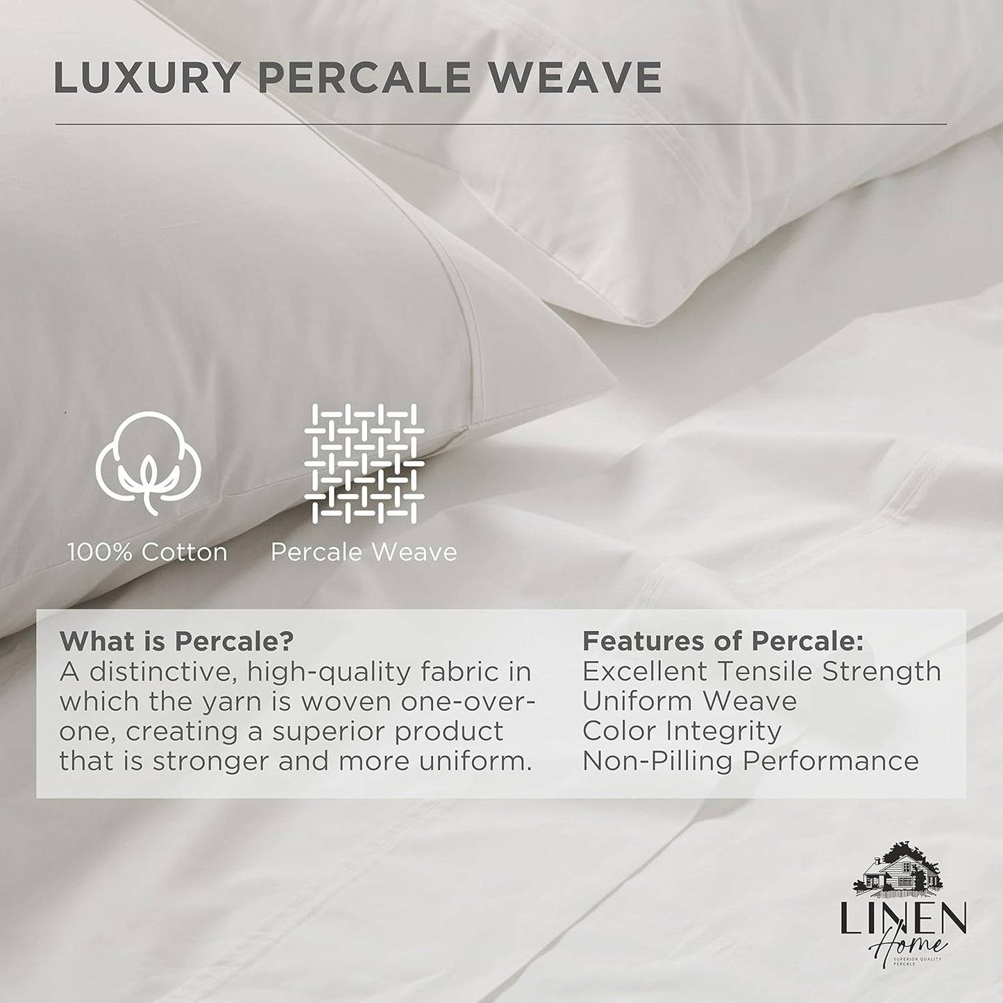 Linen Home 100% Cotton Percale Weave Fitted Sheet, Queen Size, White, 1 Deep Pocket Fitted Sheet, Fits Mattress Upto 16" Crisp and Cool Strong Bed Linen, 60"X80"+15"