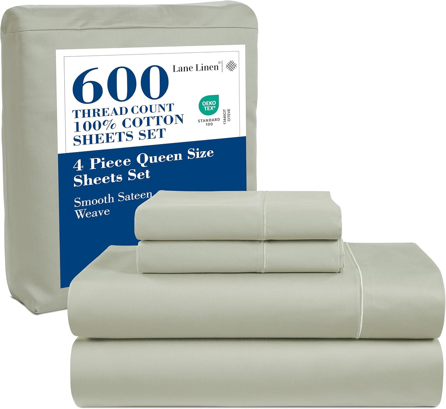 LANE LINEN 100% Cotton White Queen Size Sheet Set – Luxurious Hotel-Quality Sateen Weave, Fully Elasticized Mercerized Cotton, Deep Pocket 4-Piece Set, Naturally Cooling & Comfortable