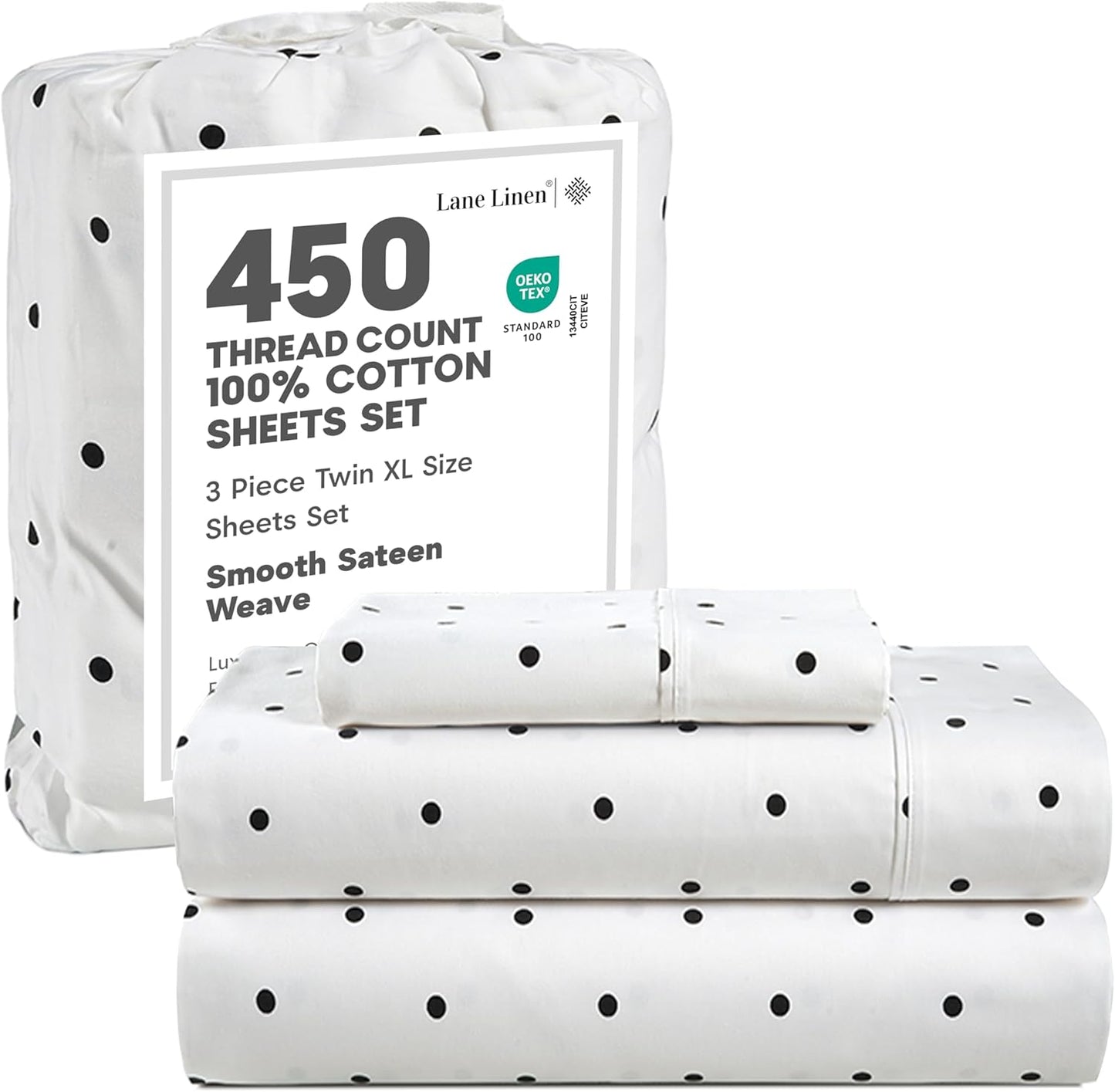 LANE LINEN 100% Cotton Sheets – 450 Thread Count Naturally Cooling Twin Sheets Set, Soft & Comfy Sateen Weave, Deep Pocket Fits 15” Mattress, Fade-Resistant Hotel Bedding, White
