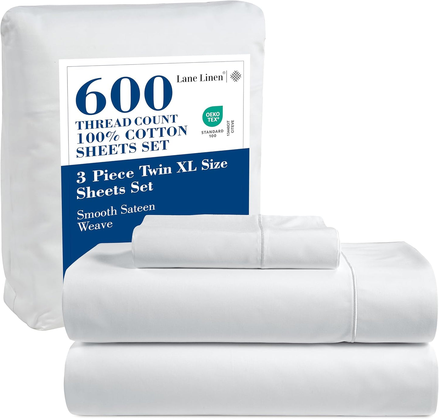 LANE LINEN 100% Cotton White Queen Size Sheet Set – Luxurious Hotel-Quality Sateen Weave, Fully Elasticized Mercerized Cotton, Deep Pocket 4-Piece Set, Naturally Cooling & Comfortable