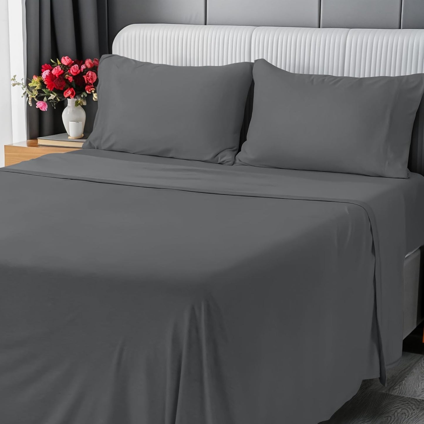 Utopia Bedding Queen Sheet Set - Jersey Knit Sheets 4 Piece – Cotton – Soft T-Shirt Stretchy Sheets (Heather Light Grey)