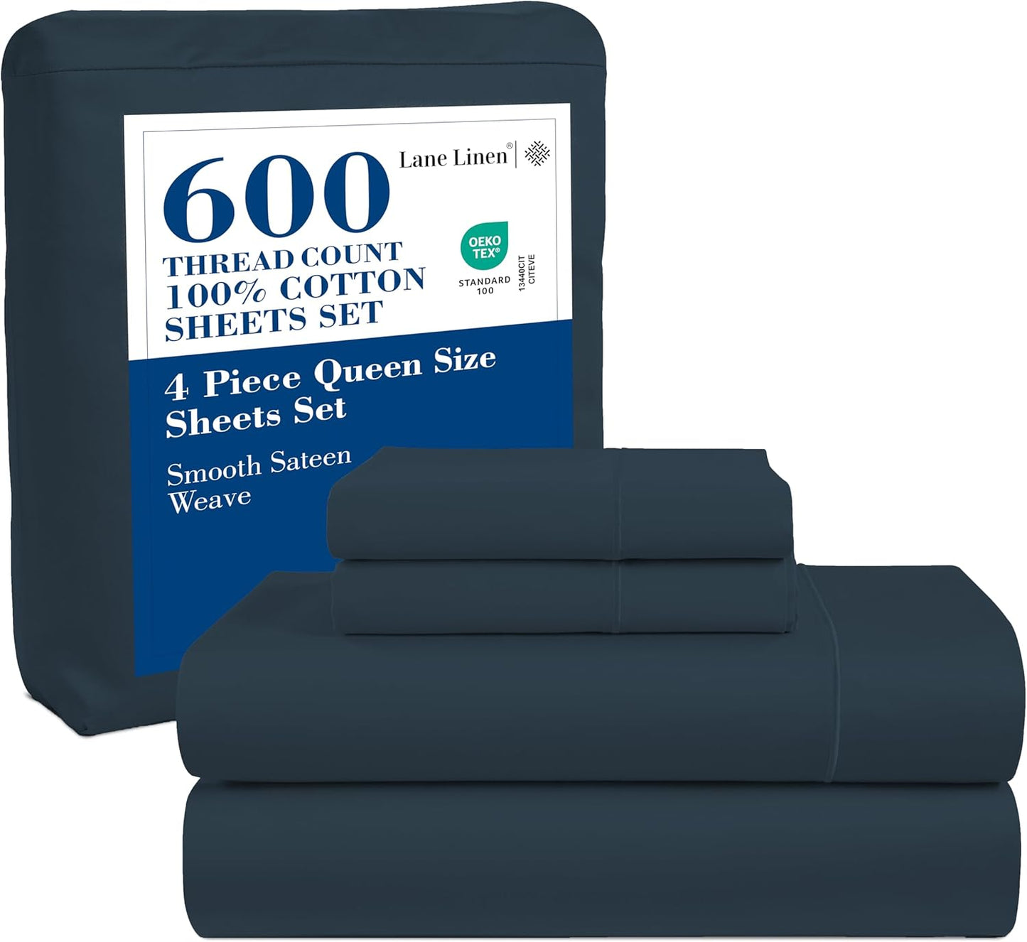LANE LINEN 100% Cotton White Queen Size Sheet Set – Luxurious Hotel-Quality Sateen Weave, Fully Elasticized Mercerized Cotton, Deep Pocket 4-Piece Set, Naturally Cooling & Comfortable