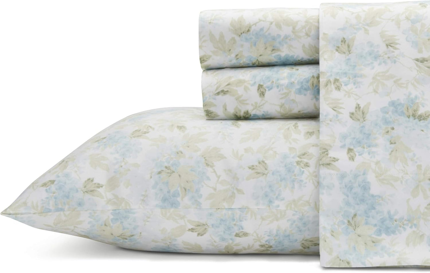 Laura Ashley - Queen Bed Sheets, Smooth & Silky Sateen Cotton Bedding with Matching Pillowcases, Deep Pocket, Oeko-Tex Certified (Ramona Blue)