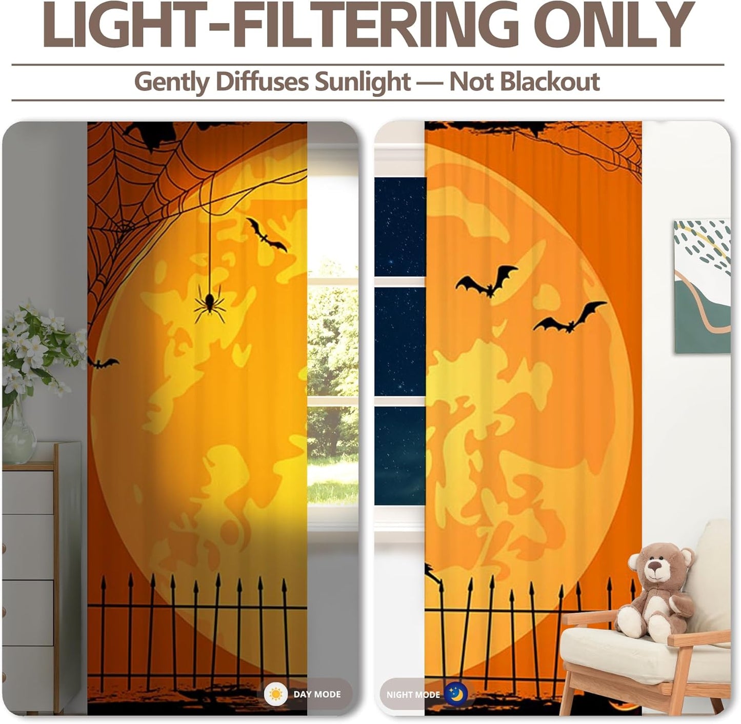 Orange Halloween Curtains for Living Room Large Pumpkin Patch Moon Picture Witch Rod Pocket Window Drapes for Bedroom and Home Decor 2 Panels Set 52x85.5 Inch