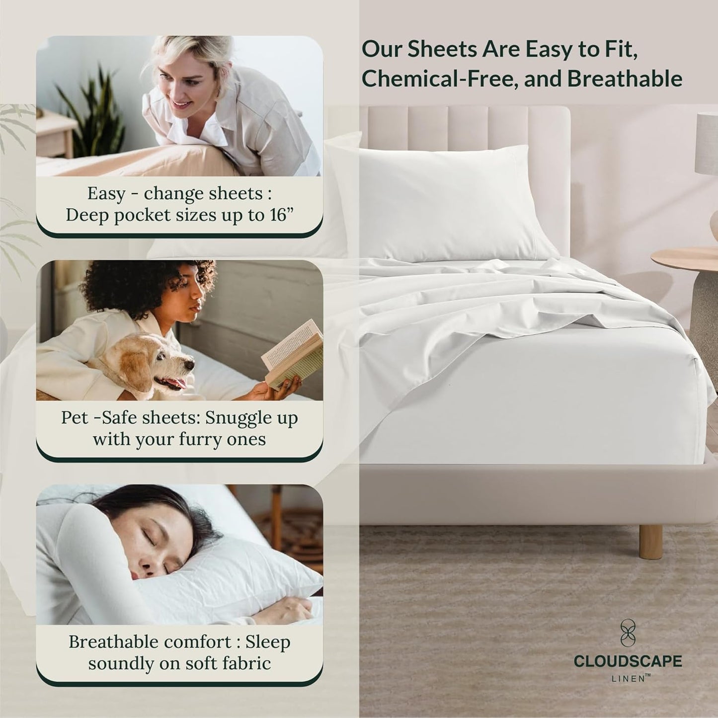 Cloud Scape Linen 100% Egyptian Cotton King Sheets Set – 1000 Thread Count, 4-Piece Soft Hotel Quality Bedding Set,Deep Pockets up to 16”, White