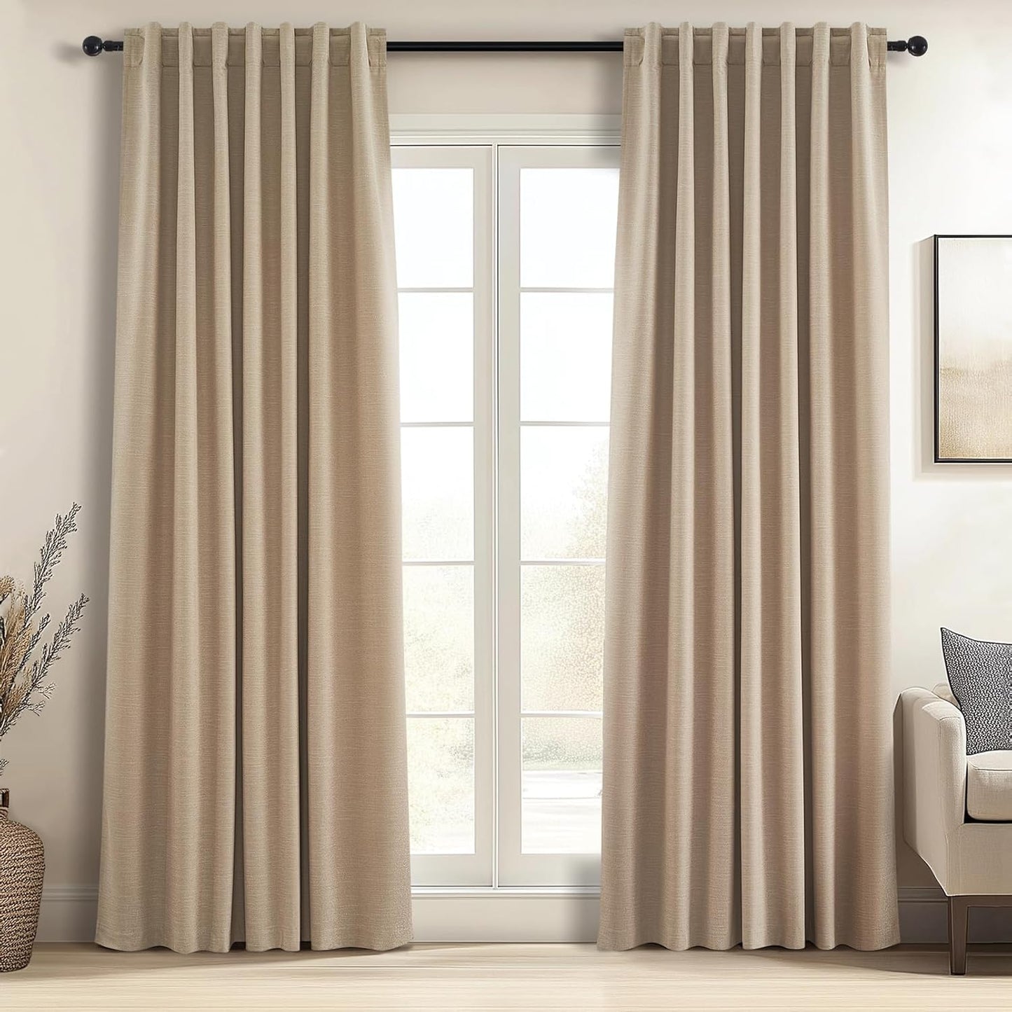 Topfinel Linen Blackout Curtains 96 Inch Long, Boho Farmhouse Ivory Birch Viral Drapes Pinch Pleated Curtains with Hooks for Living Room, Neutral 8 FT Back Tab Bedroom Curtains 52" X 96" 2 Panels