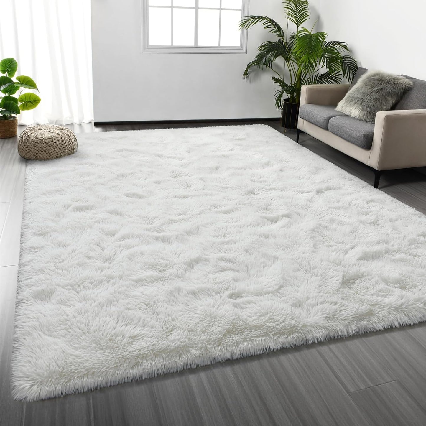Large Shag Area Rugs 6 x 9, Tie-Dyed Plush Fuzzy Rug for Living Room, Ultra Soft Fluffy Furry Rugs for Bedroom, Indoor Carpet Nursery Rugs for Kids Room Home Decor, Light Grey