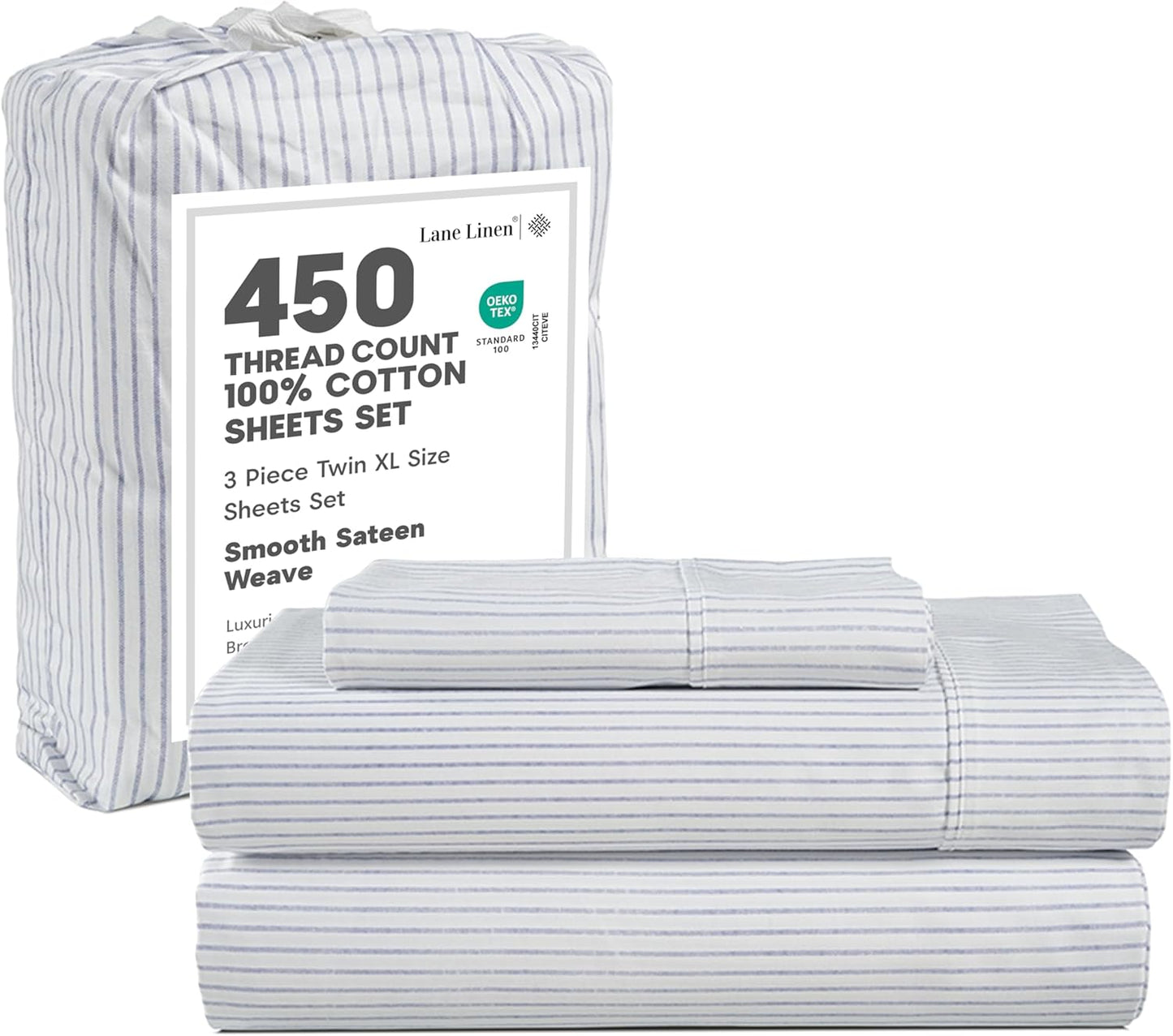 LANE LINEN 100% Cotton Sheets – 450 Thread Count Naturally Cooling Twin Sheets Set, Soft & Comfy Sateen Weave, Deep Pocket Fits 15” Mattress, Fade-Resistant Hotel Bedding, White