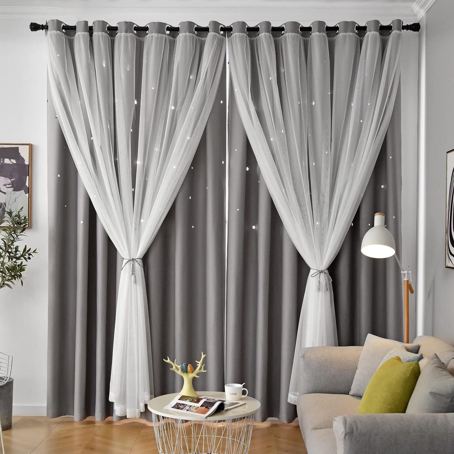 Star Blackout Bedroom Curtains, Beige, 52"W x 63"L, 2 Panels