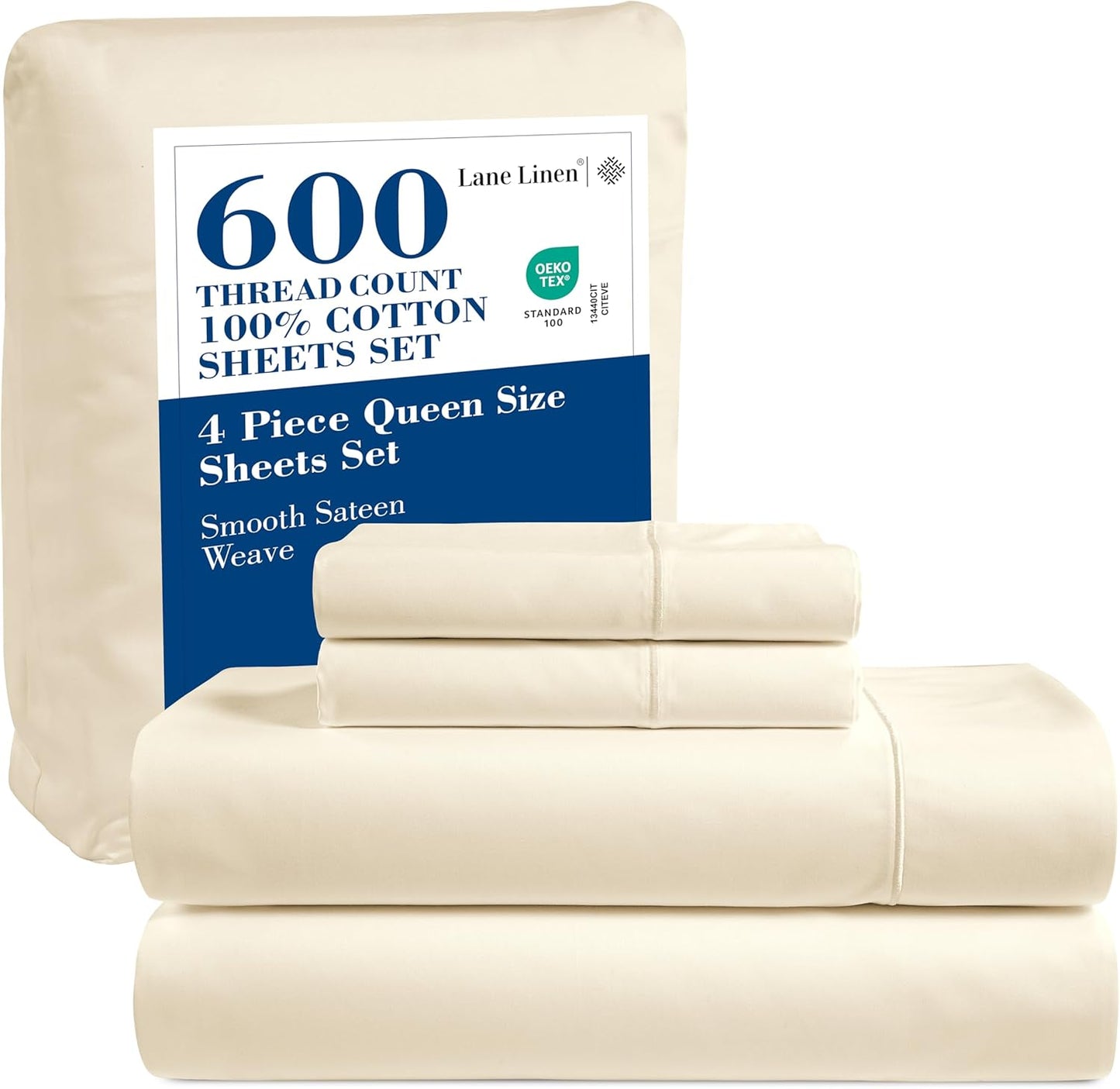 LANE LINEN 100% Cotton White Queen Size Sheet Set – Luxurious Hotel-Quality Sateen Weave, Fully Elasticized Mercerized Cotton, Deep Pocket 4-Piece Set, Naturally Cooling & Comfortable