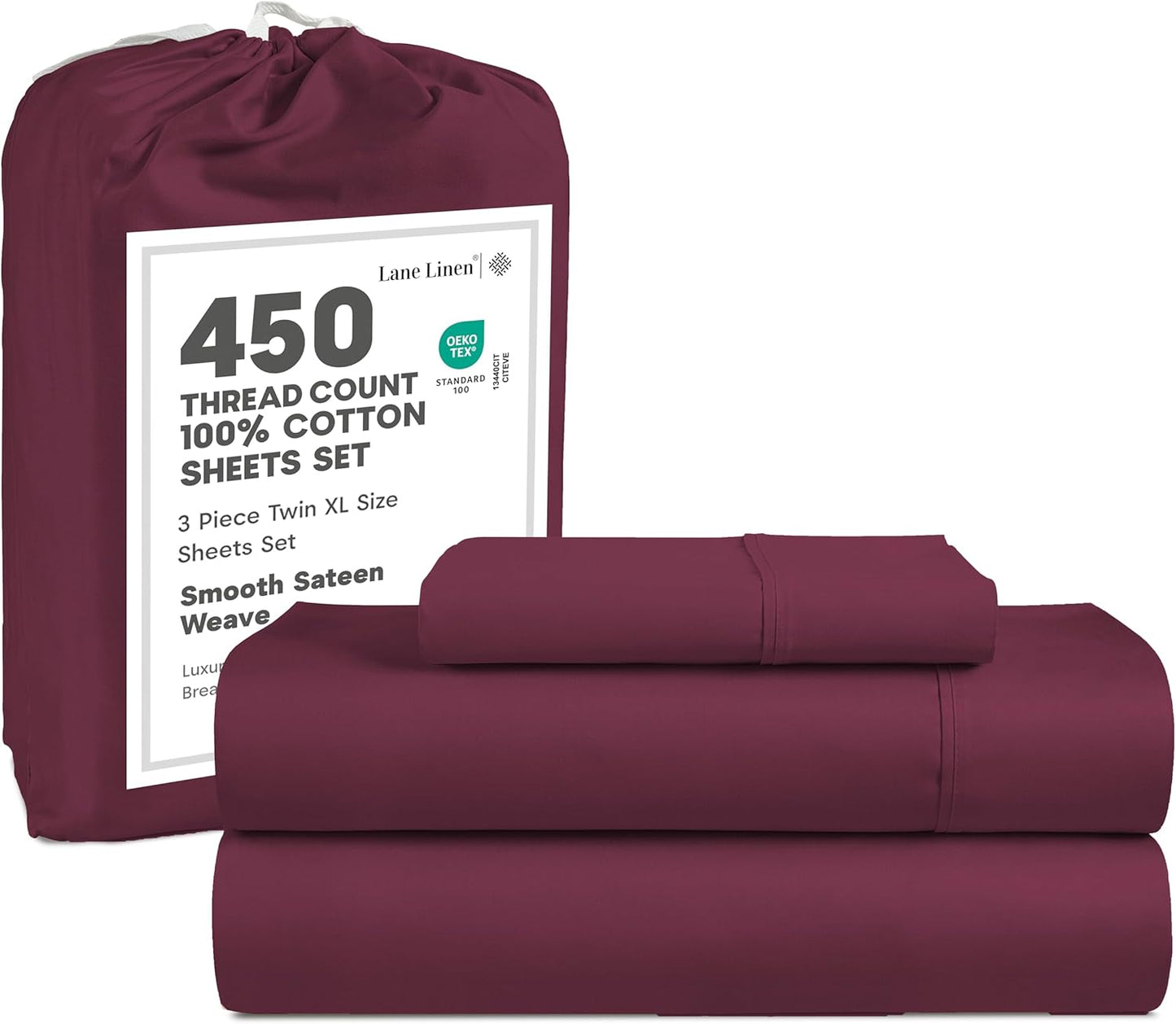 LANE LINEN 100% Cotton Sheets – 450 Thread Count Naturally Cooling Twin Sheets Set, Soft & Comfy Sateen Weave, Deep Pocket Fits 15” Mattress, Fade-Resistant Hotel Bedding, White