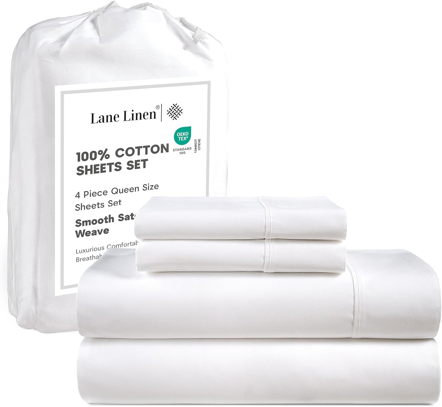 LANE LINEN 100% Cotton Sheets – 450 Thread Count Naturally Cooling Twin Sheets Set, Soft & Comfy Sateen Weave, Deep Pocket Fits 15” Mattress, Fade-Resistant Hotel Bedding, White
